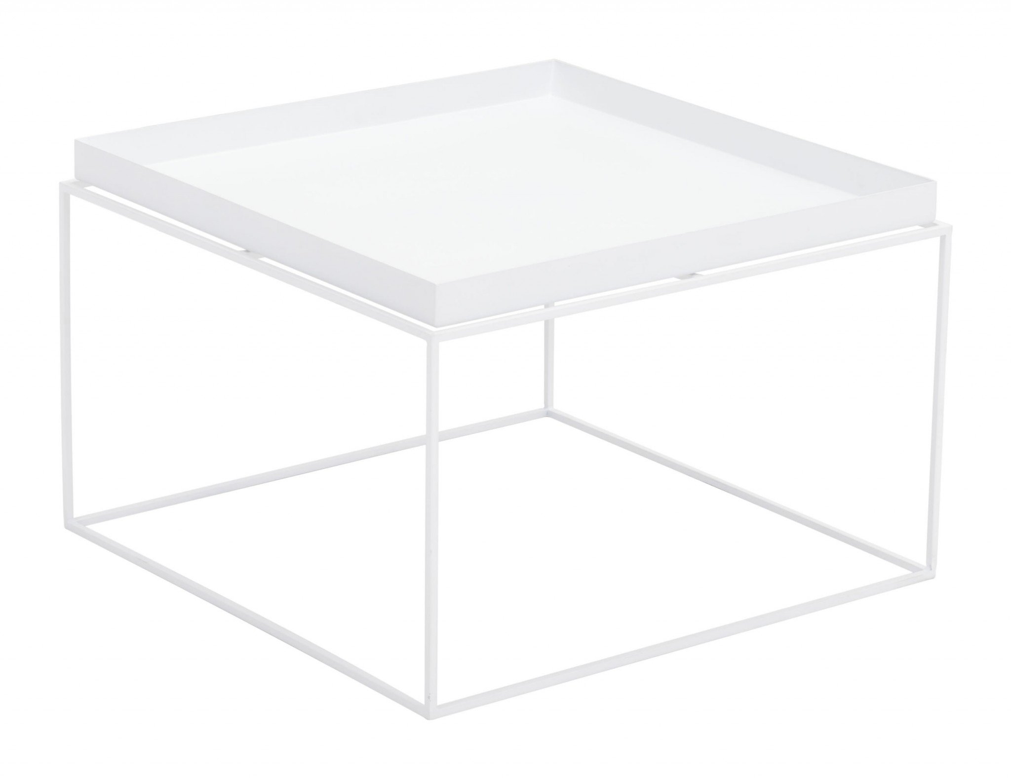 Set of three modern white steel nesting tables with removable tray tops, designed for small spaces.