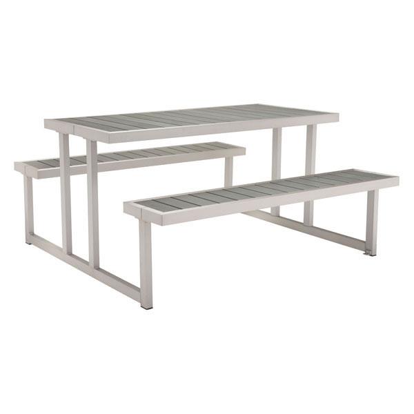 A stylish 23.6" Grey Chrome Table with a sturdy galvanized aluminum frame and poly-wood slated bench seat, perfect for outdoor dining.