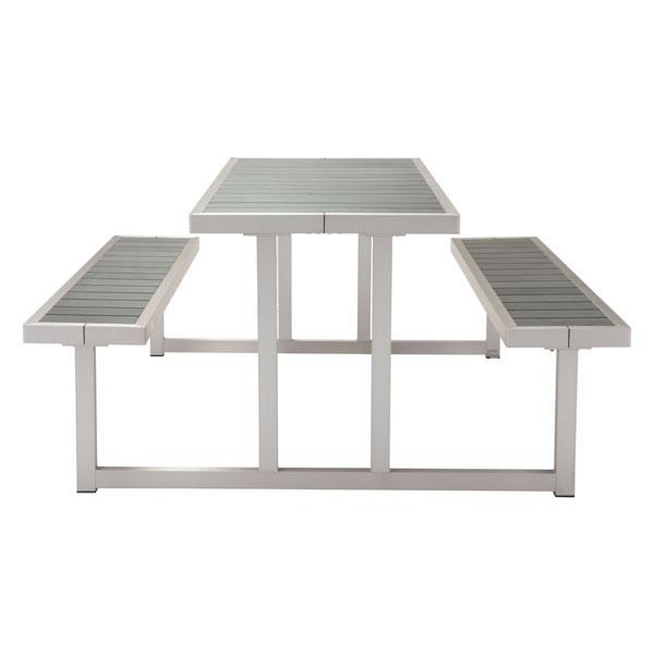 A stylish 23.6" Grey Chrome Table with a sturdy galvanized aluminum frame and poly-wood slated bench seat, perfect for outdoor dining.