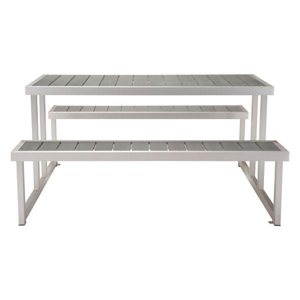 A stylish 23.6" Grey Chrome Table with a sturdy galvanized aluminum frame and poly-wood slated bench seat, perfect for outdoor dining.