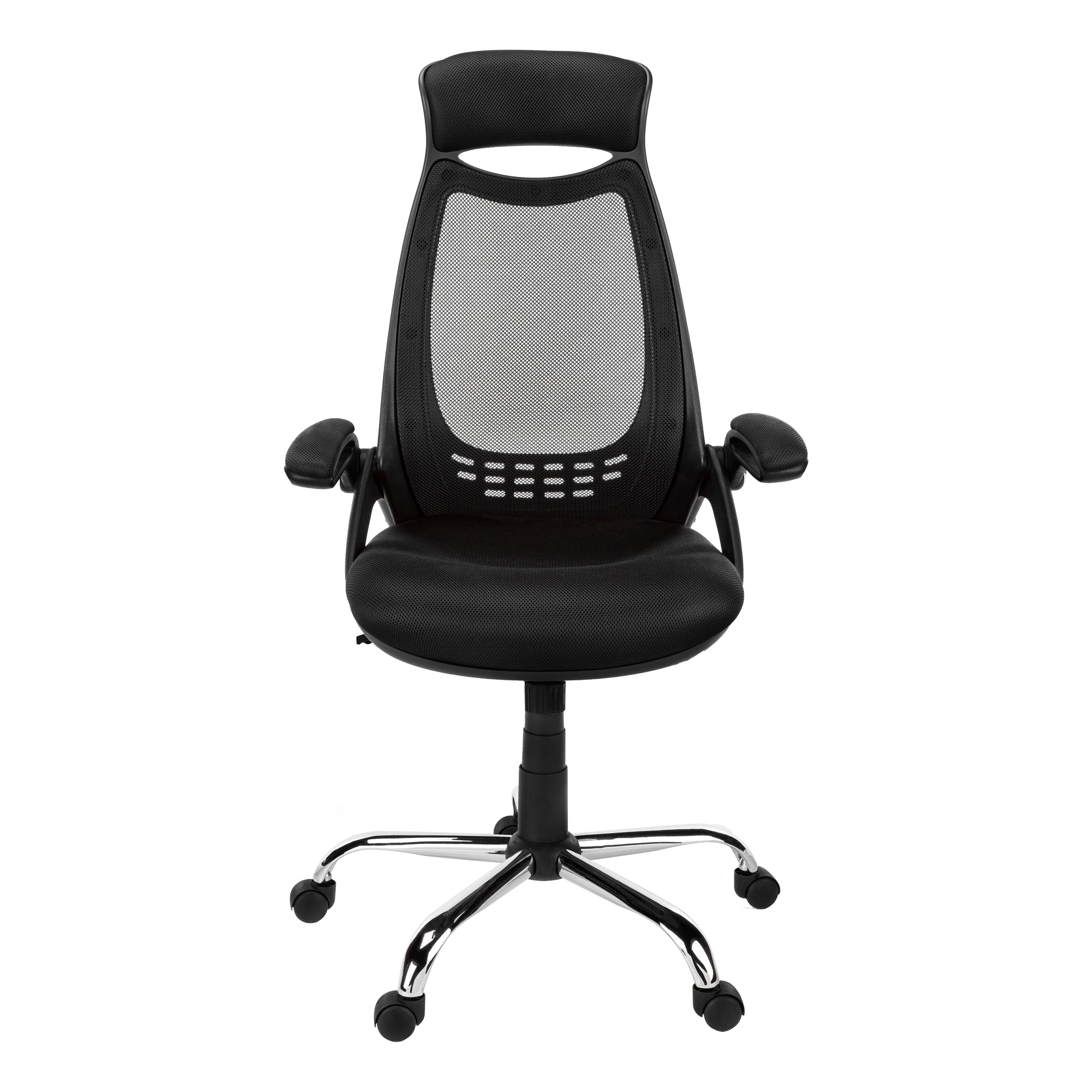 A stylish black foam metal office chair with adjustable height, designed for comfort and elegance, suitable for office or living room use.