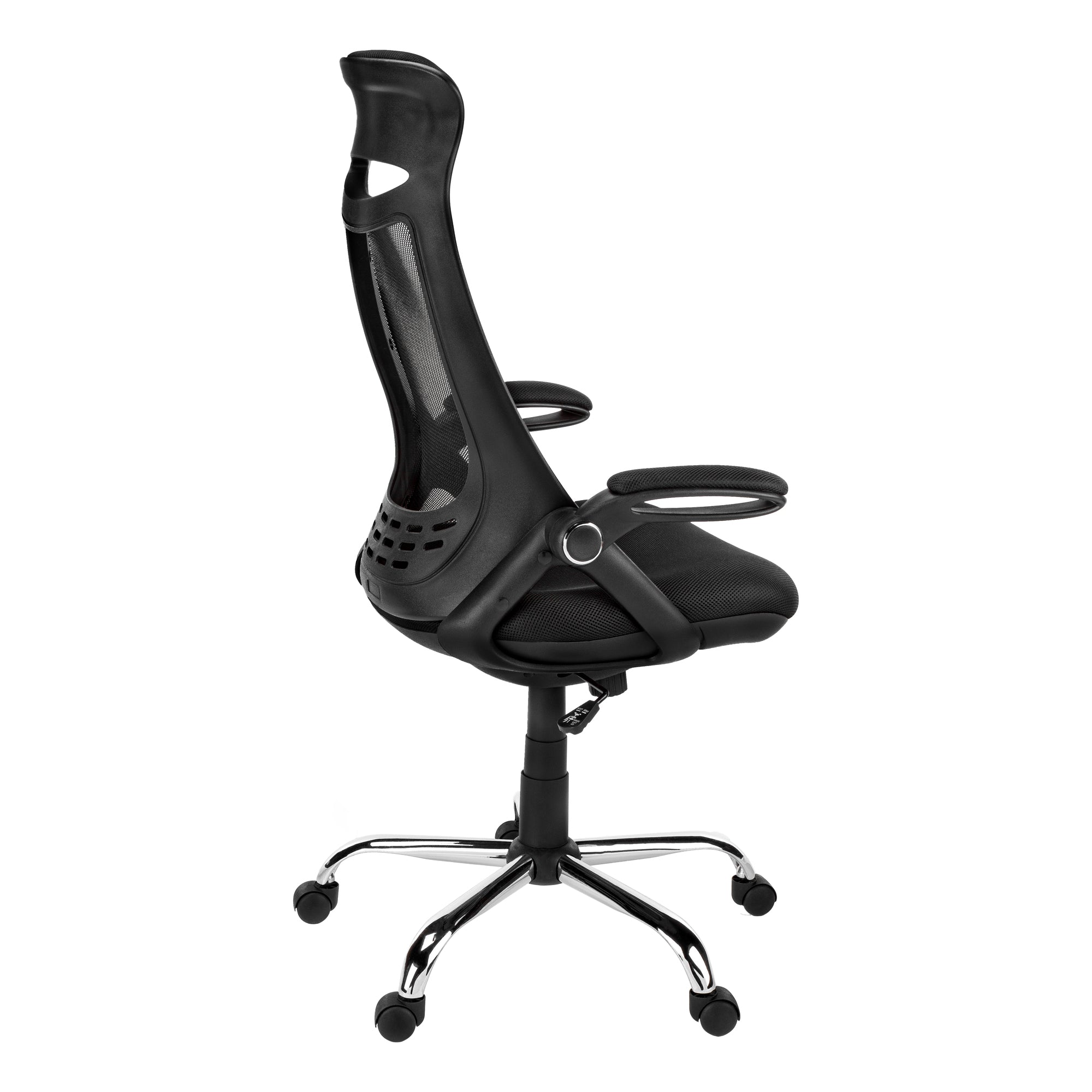 A stylish black foam metal office chair with adjustable height, designed for comfort and elegance, suitable for office or living room use.