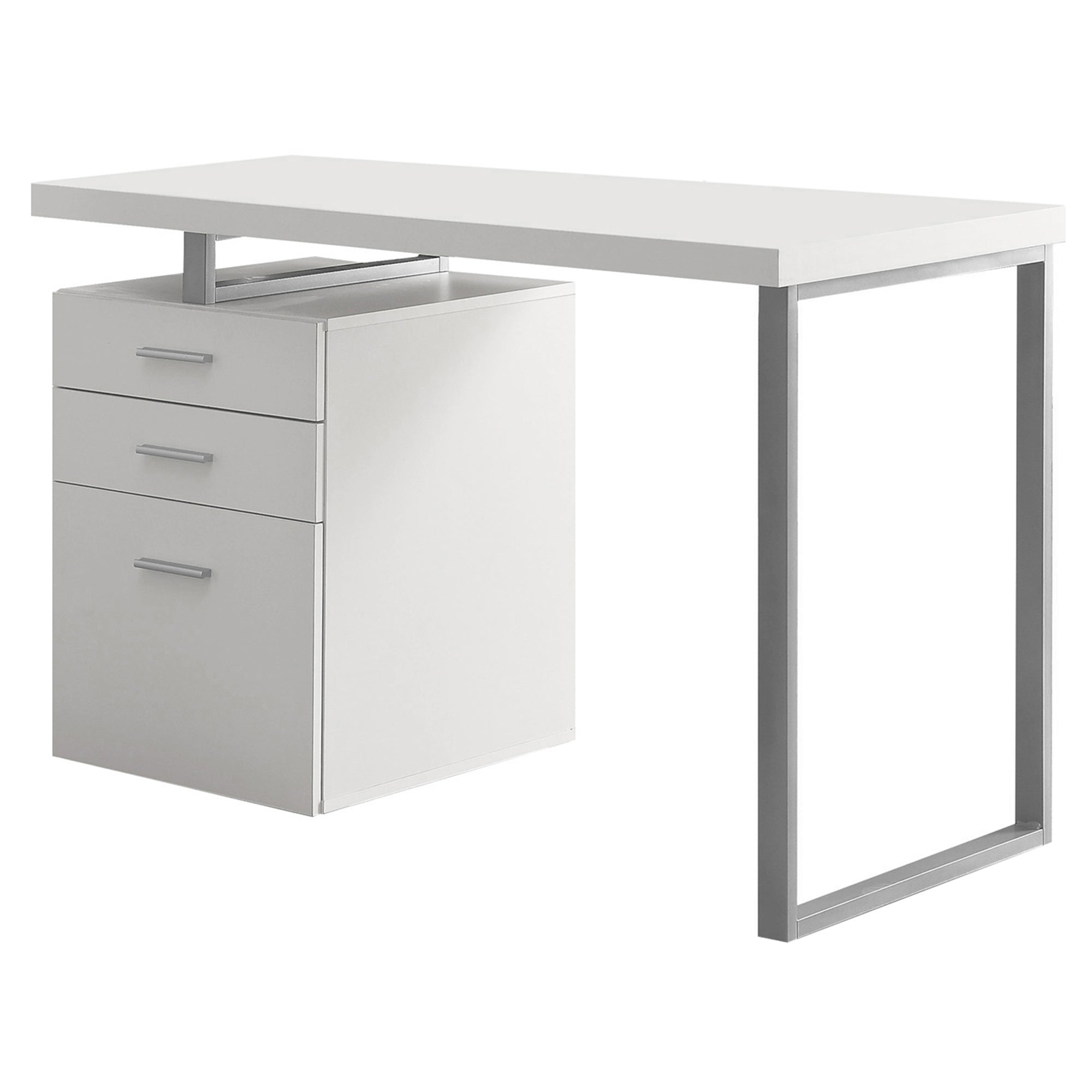 A modern white and silver particle board computer desk with three drawers, showcasing a sleek design suitable for home or office use.