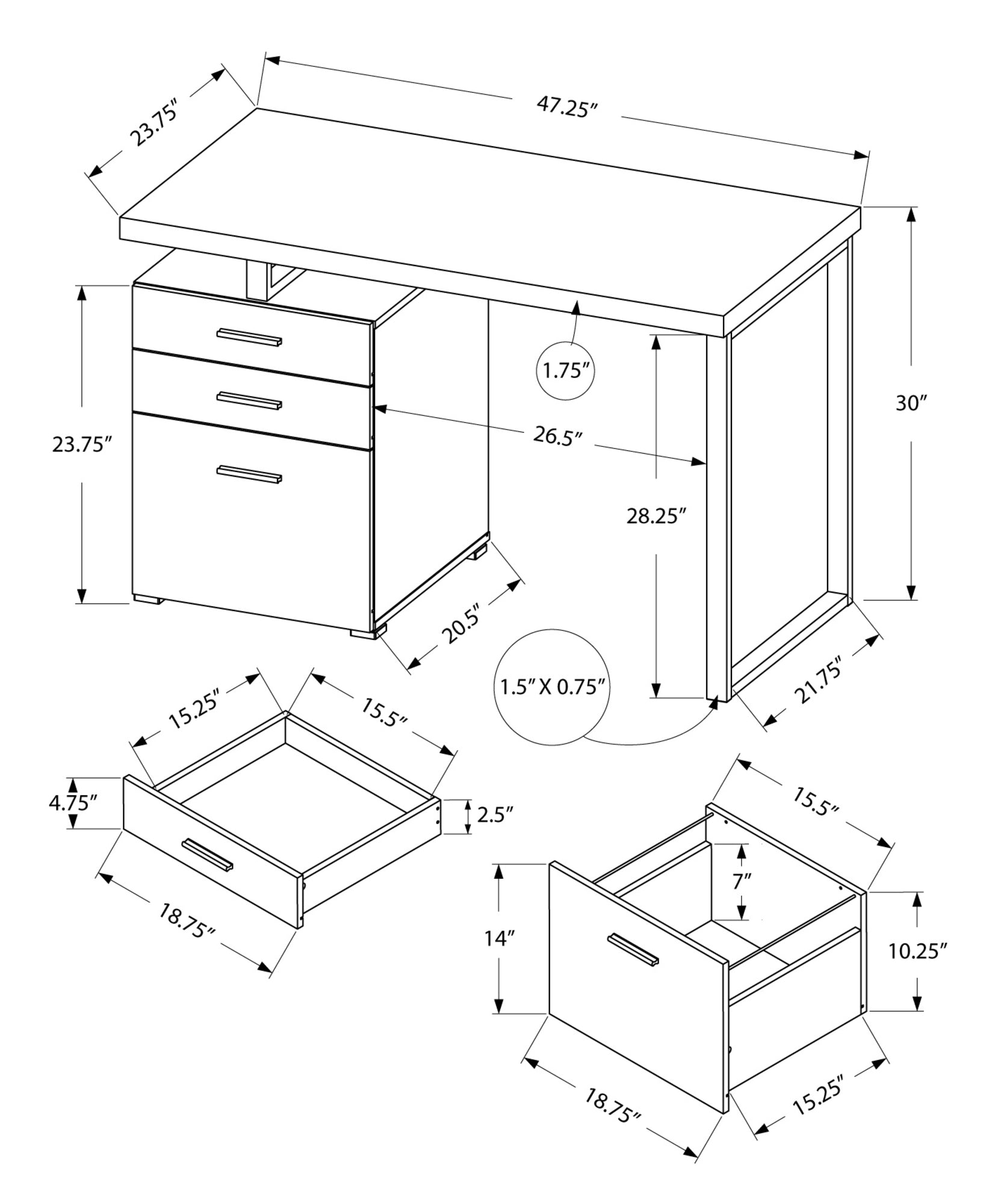 A modern white and silver particle board computer desk with three drawers, showcasing a sleek design suitable for home or office use.