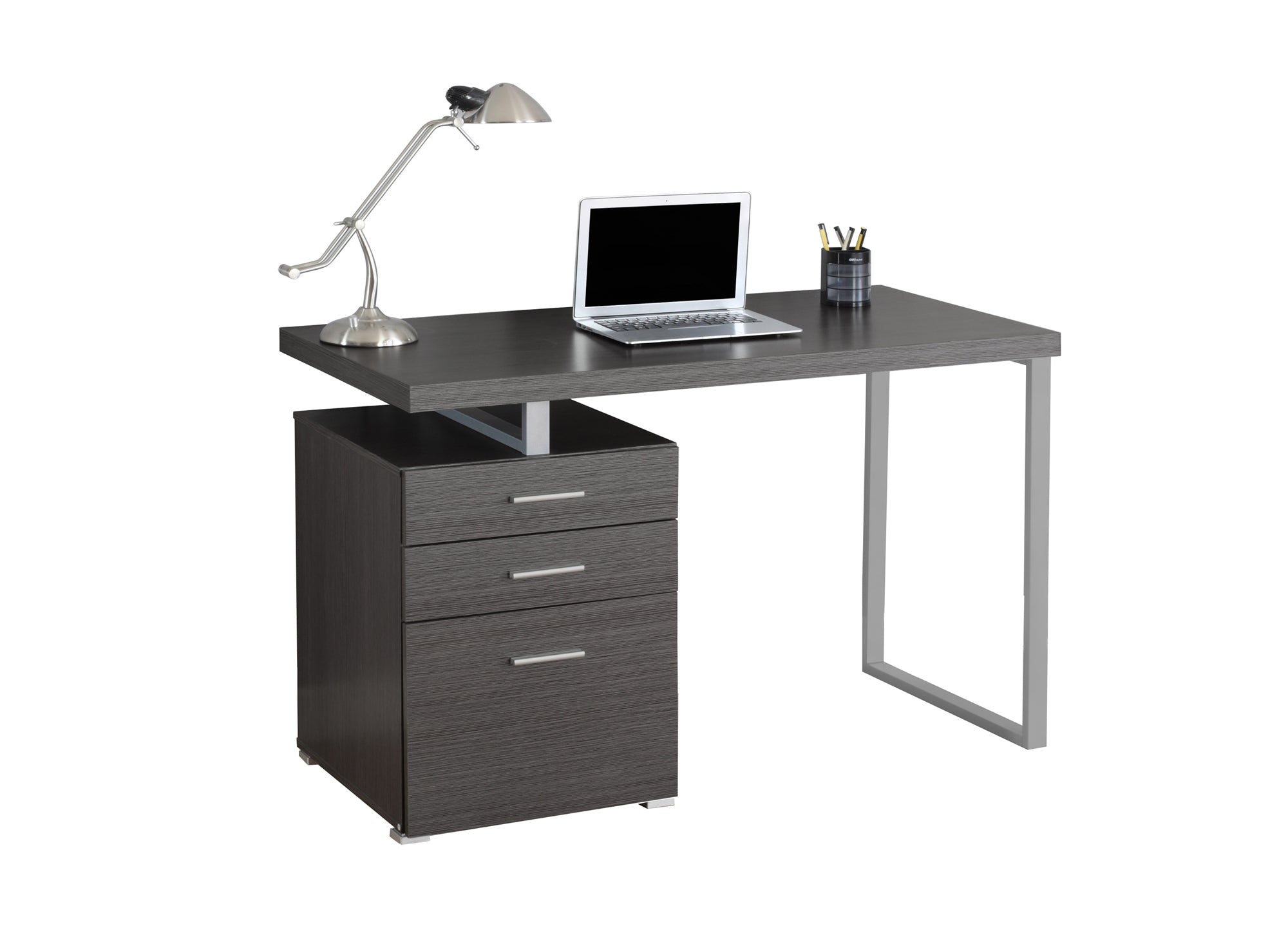 A modern white and silver particle board computer desk with three drawers, showcasing a sleek design suitable for home or office use.