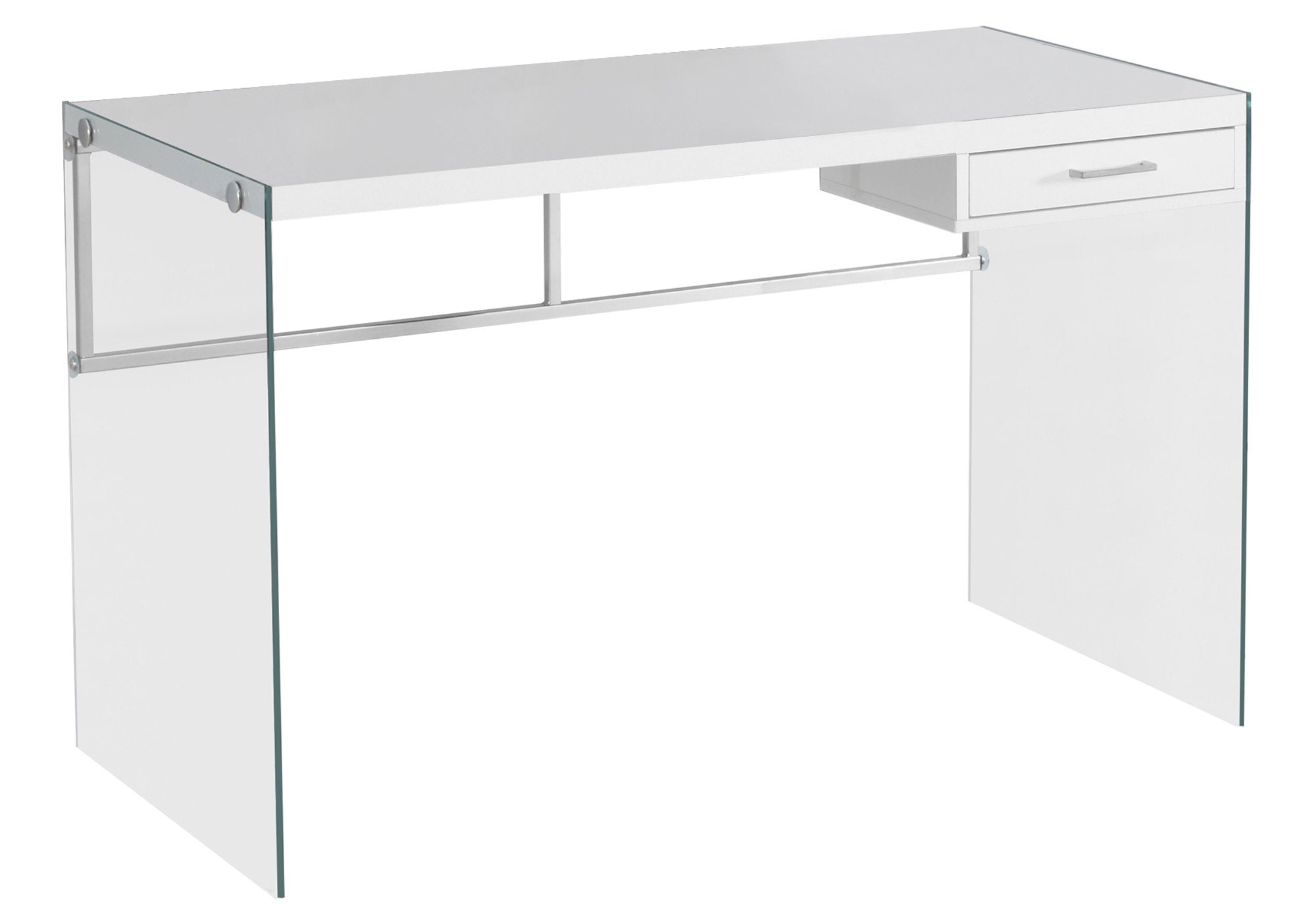 Modern white clear particle board glass computer desk with shelf, measuring 23.75 inches wide, 48 inches deep, and 30 inches high.