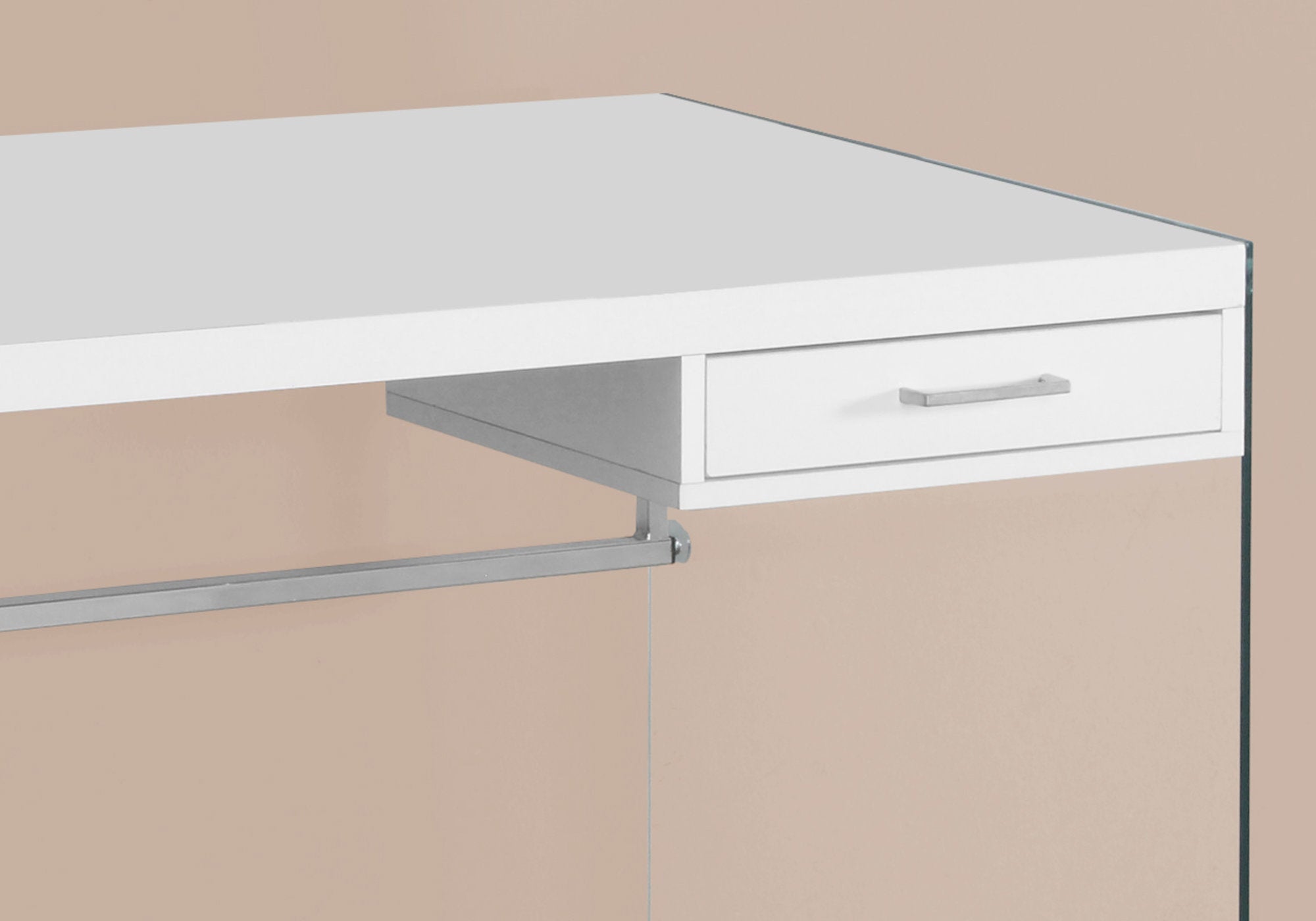 Modern white clear particle board glass computer desk with shelf, measuring 23.75 inches wide, 48 inches deep, and 30 inches high.