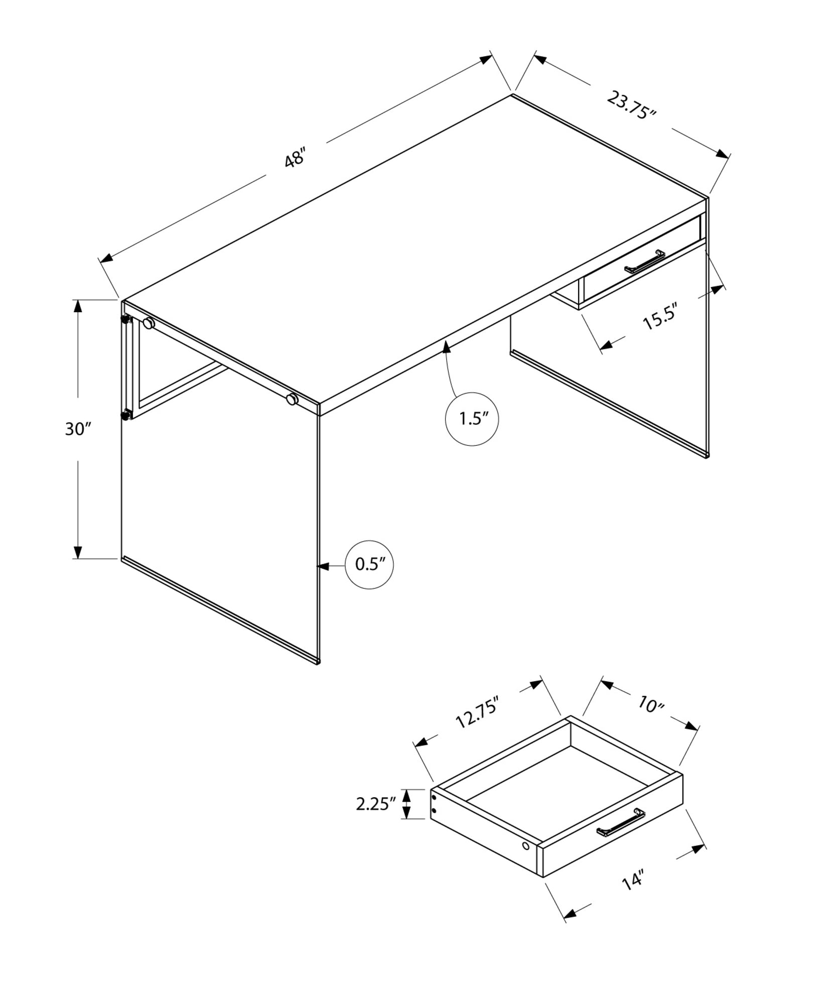 Modern white clear particle board glass computer desk with shelf, measuring 23.75 inches wide, 48 inches deep, and 30 inches high.