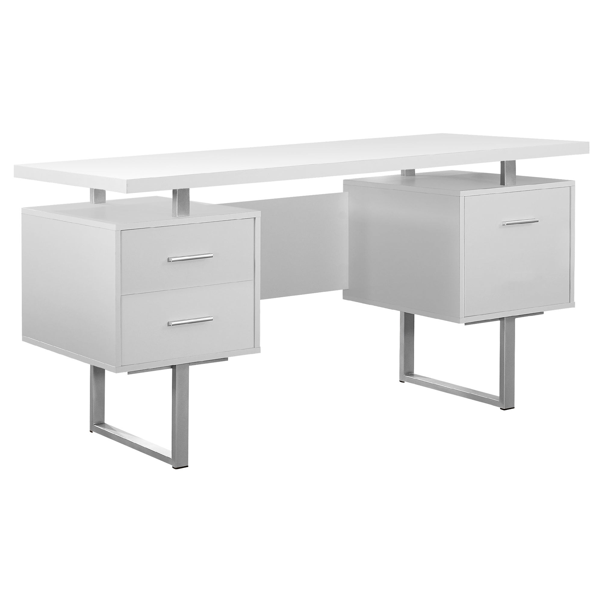 A modern white and silver particle board desk with two drawers and a cubby space, showcasing a glossy finish and sleek design.