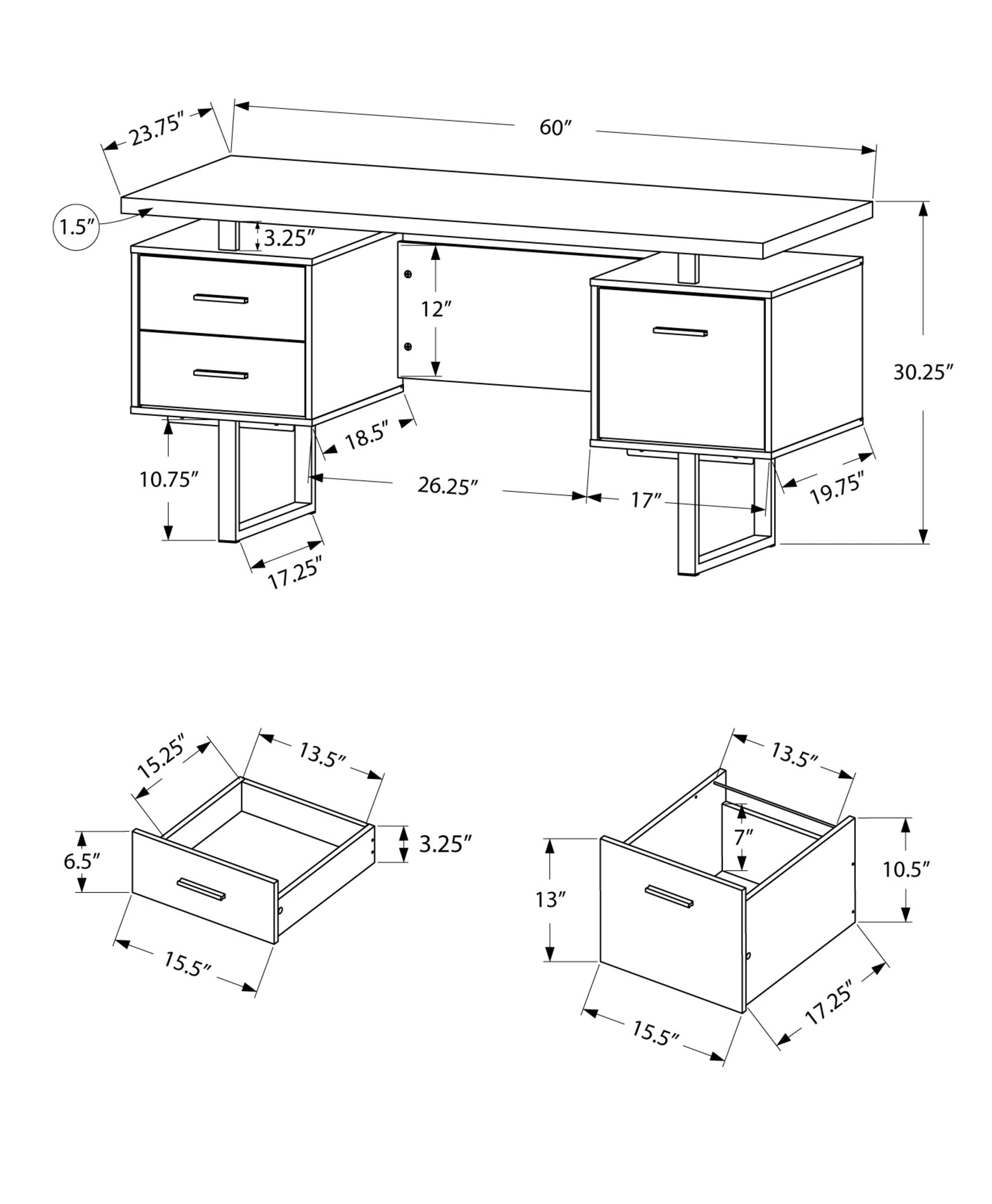 A modern white and silver particle board desk with two drawers and a cubby space, showcasing a glossy finish and sleek design.