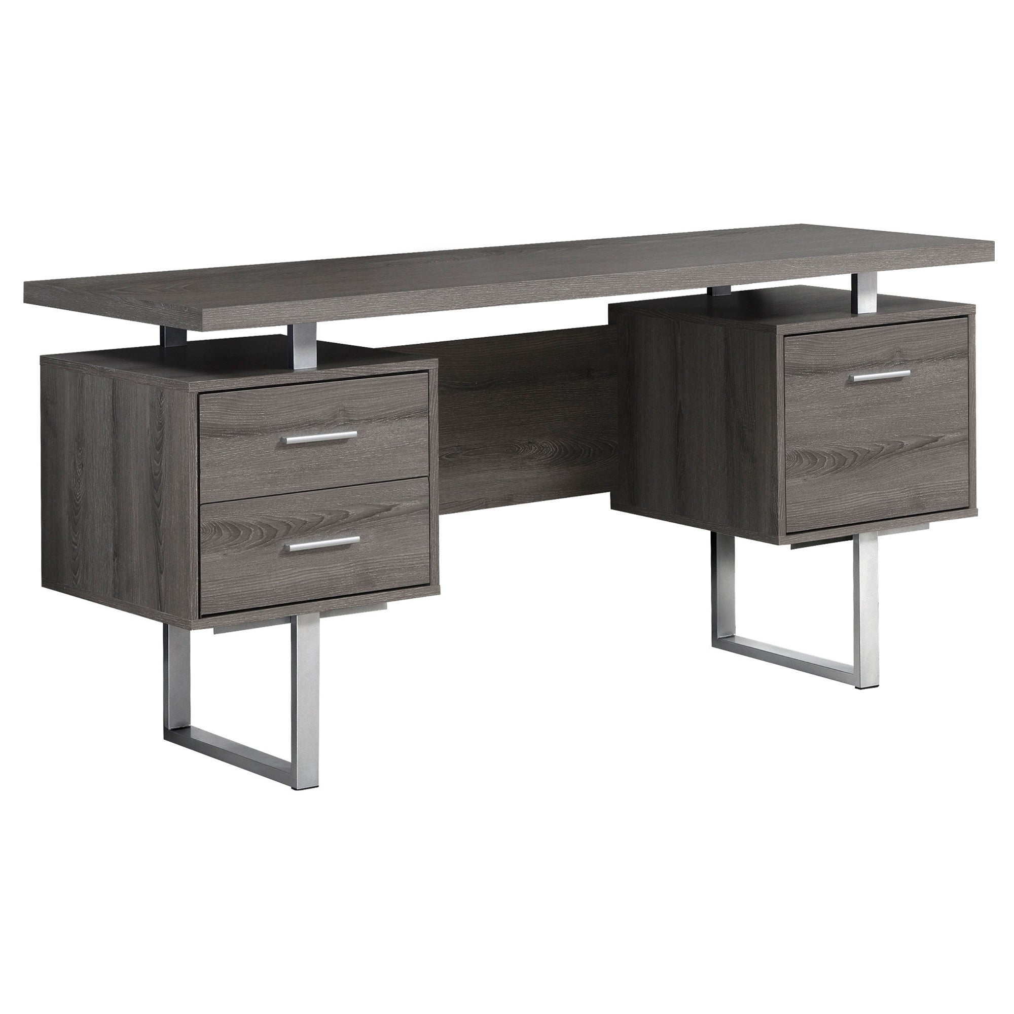 A modern white and silver particle board desk with two drawers and a cubby space, showcasing a glossy finish and sleek design.