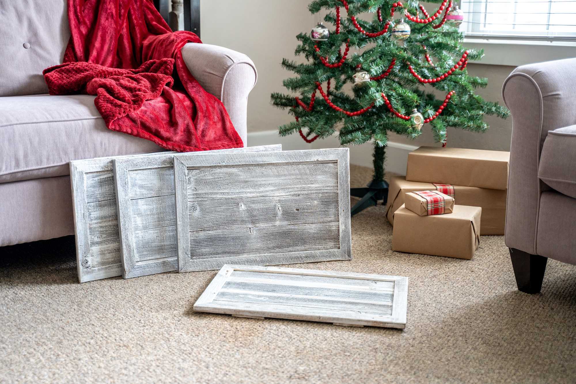 23-inch Gray White Wash Plank Christmas Tree Collar made from reclaimed wood, featuring a rustic design that enhances holiday decor.