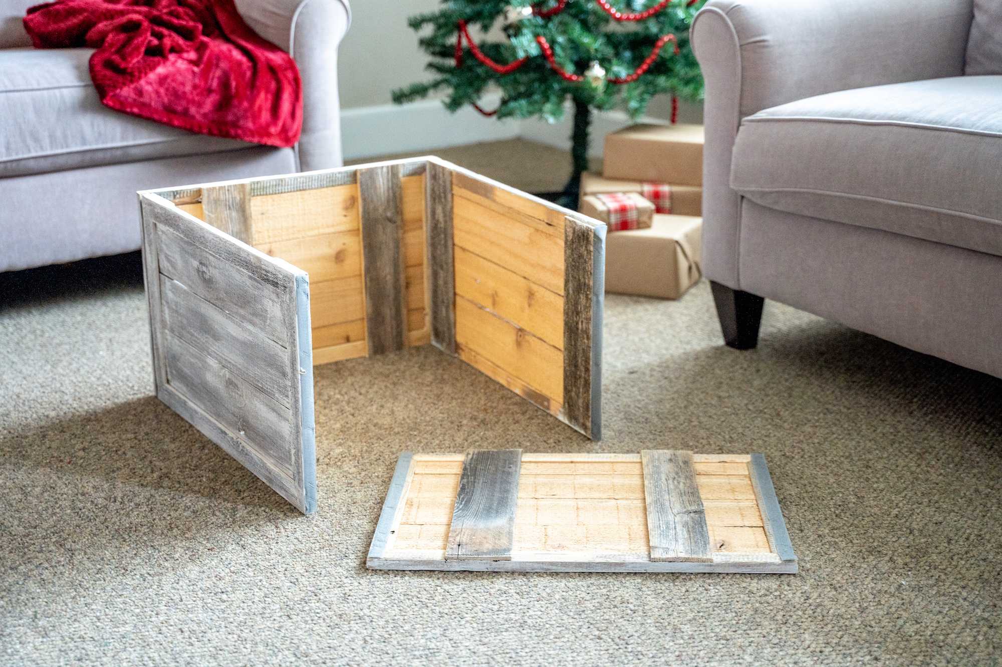 23-inch Gray White Wash Plank Christmas Tree Collar made from reclaimed wood, featuring a rustic design that enhances holiday decor.