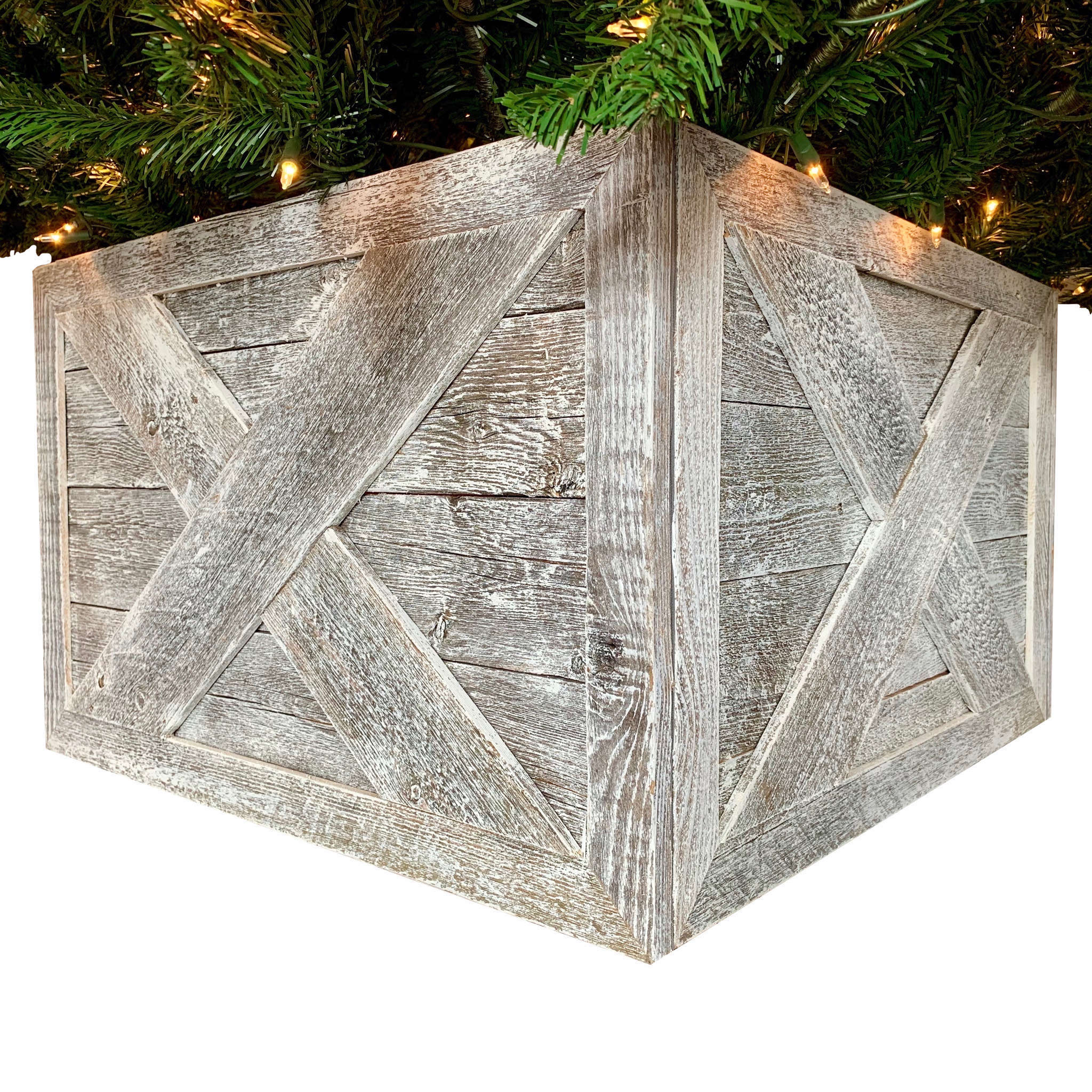 23-inch Natural Weathered Gray Whitewash Christmas Tree Collar featuring rustic X design, made from reclaimed wood, enhancing holiday decor.