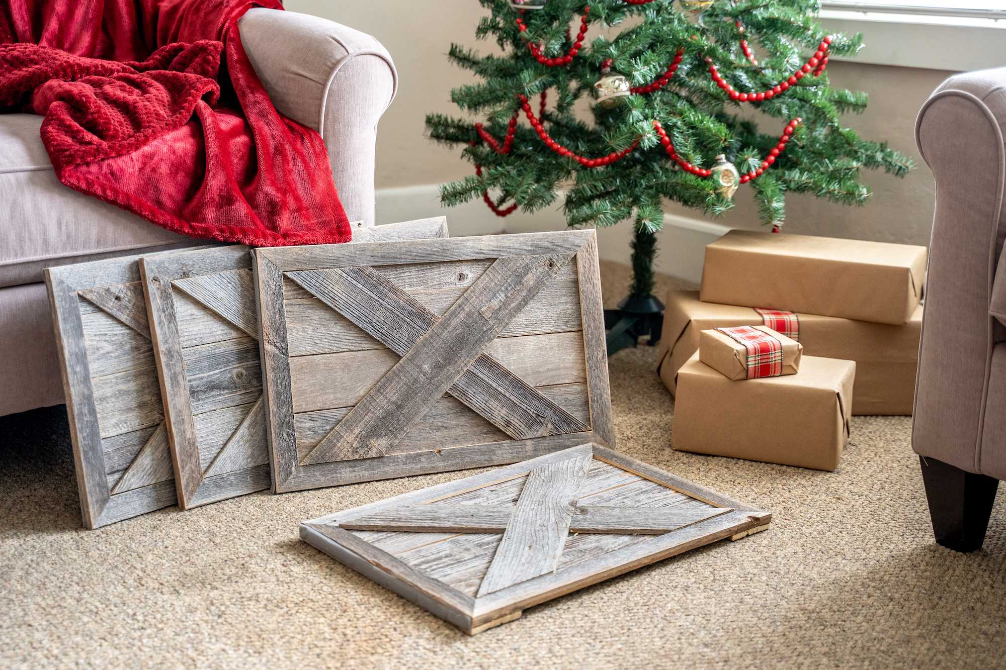 23-inch Thick Weathered Gray Christmas Tree Collar made from reclaimed wood with rustic X design, perfect for holiday decor.