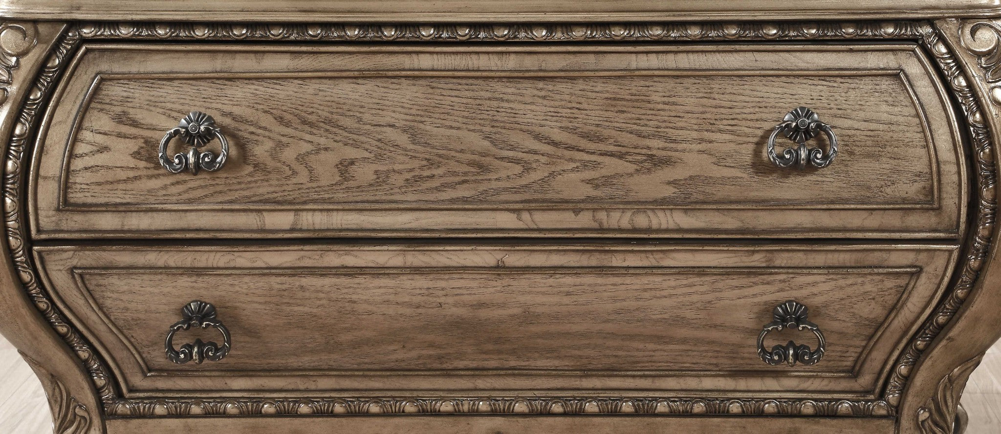 Vintage Oak Wood Dresser with eleven drawers and antique pull-ring handles, featuring a Bombay shape and scrolled legs.