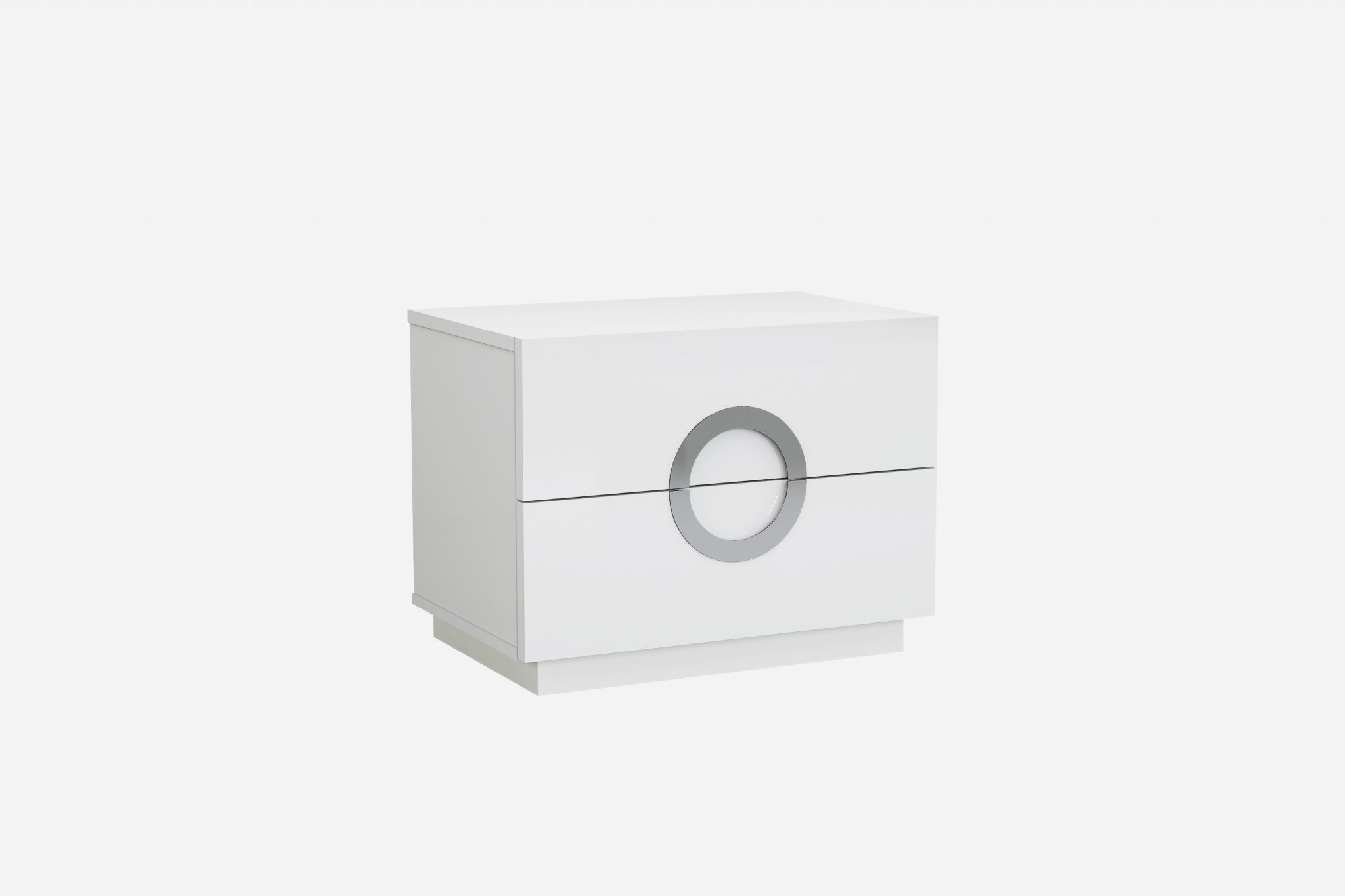 A stylish 24-inch high gloss white two drawer nightstand featuring a contemporary design and durable stainless steel construction.