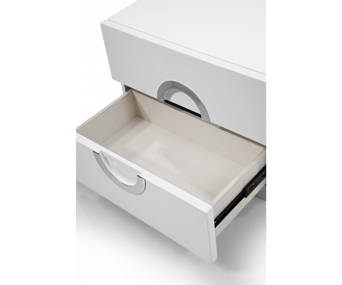 A stylish 24-inch high gloss white two drawer nightstand featuring a contemporary design and durable stainless steel construction.