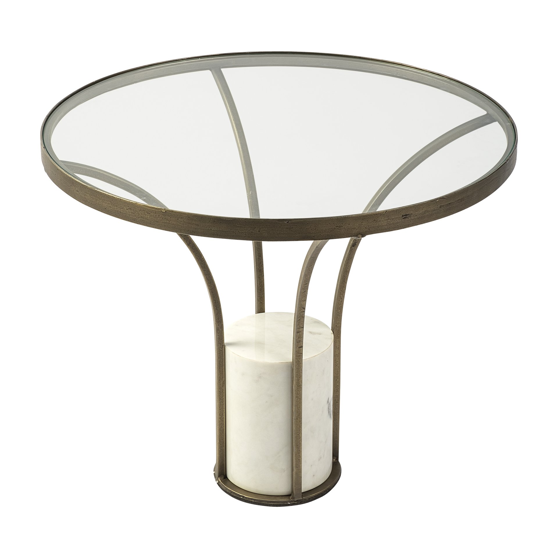 Elegant 24-inch round glass top end table featuring a gold metal and marble pedestal, perfect for modern decor.