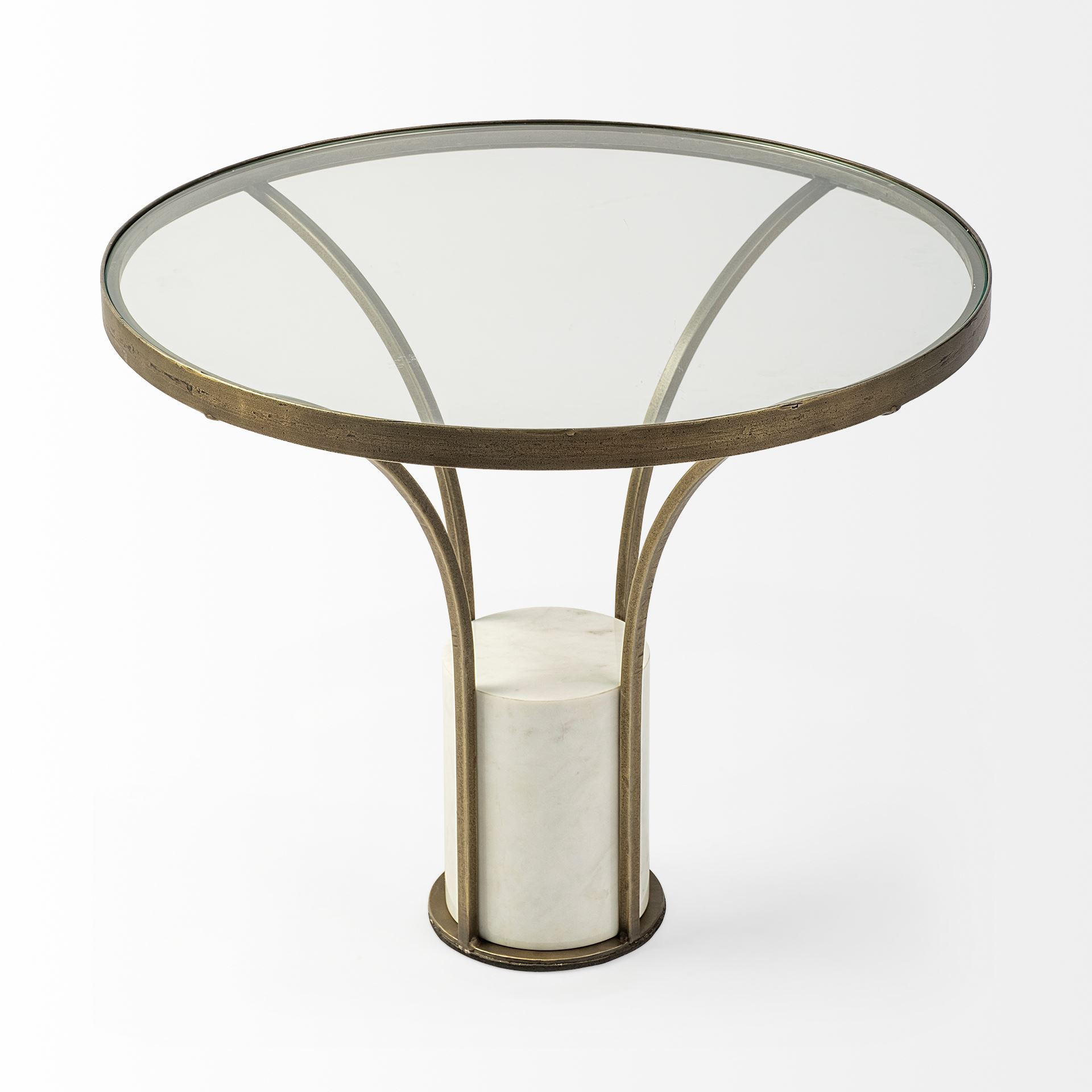 Elegant 24-inch round glass top end table featuring a gold metal and marble pedestal, perfect for modern decor.