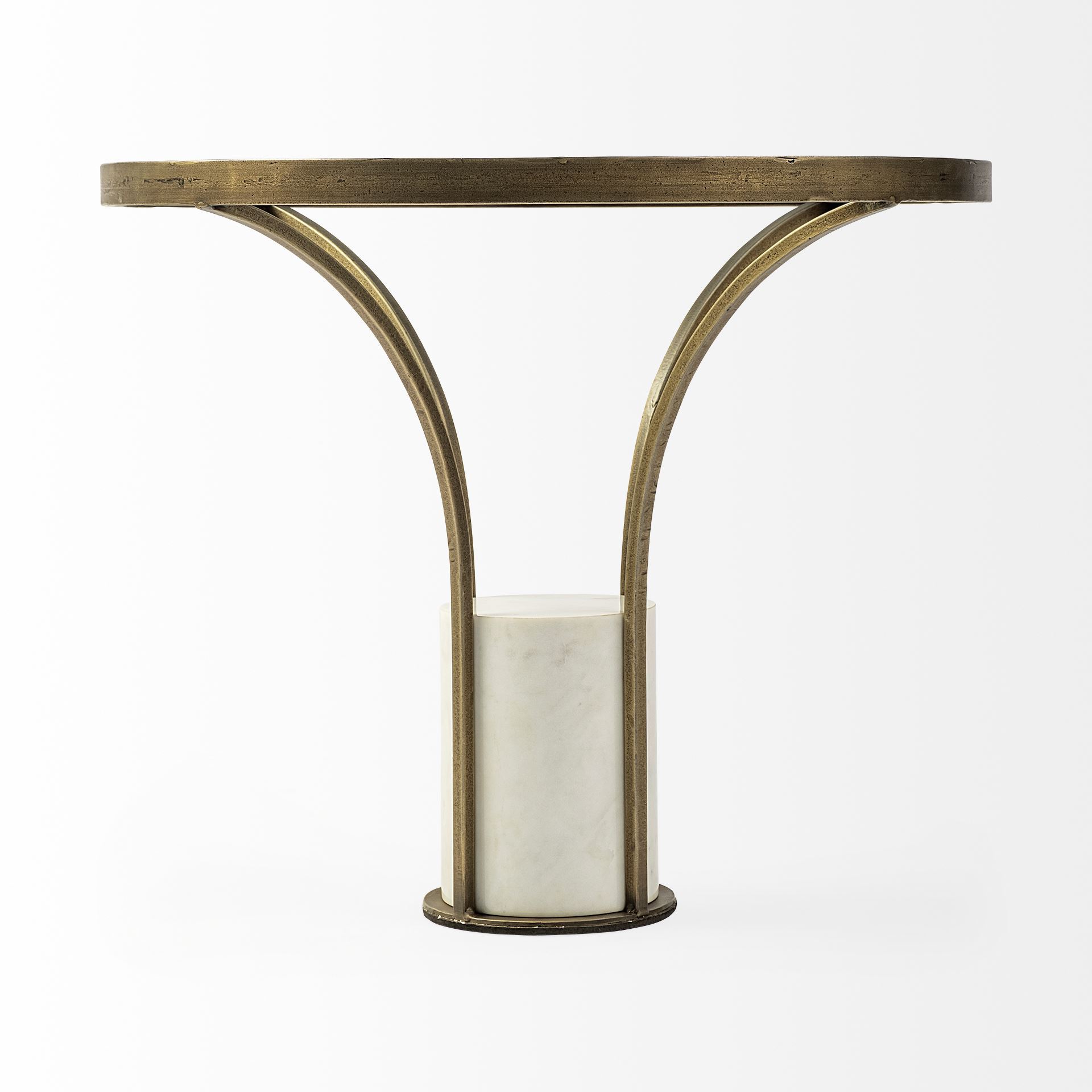 Elegant 24-inch round glass top end table featuring a gold metal and marble pedestal, perfect for modern decor.