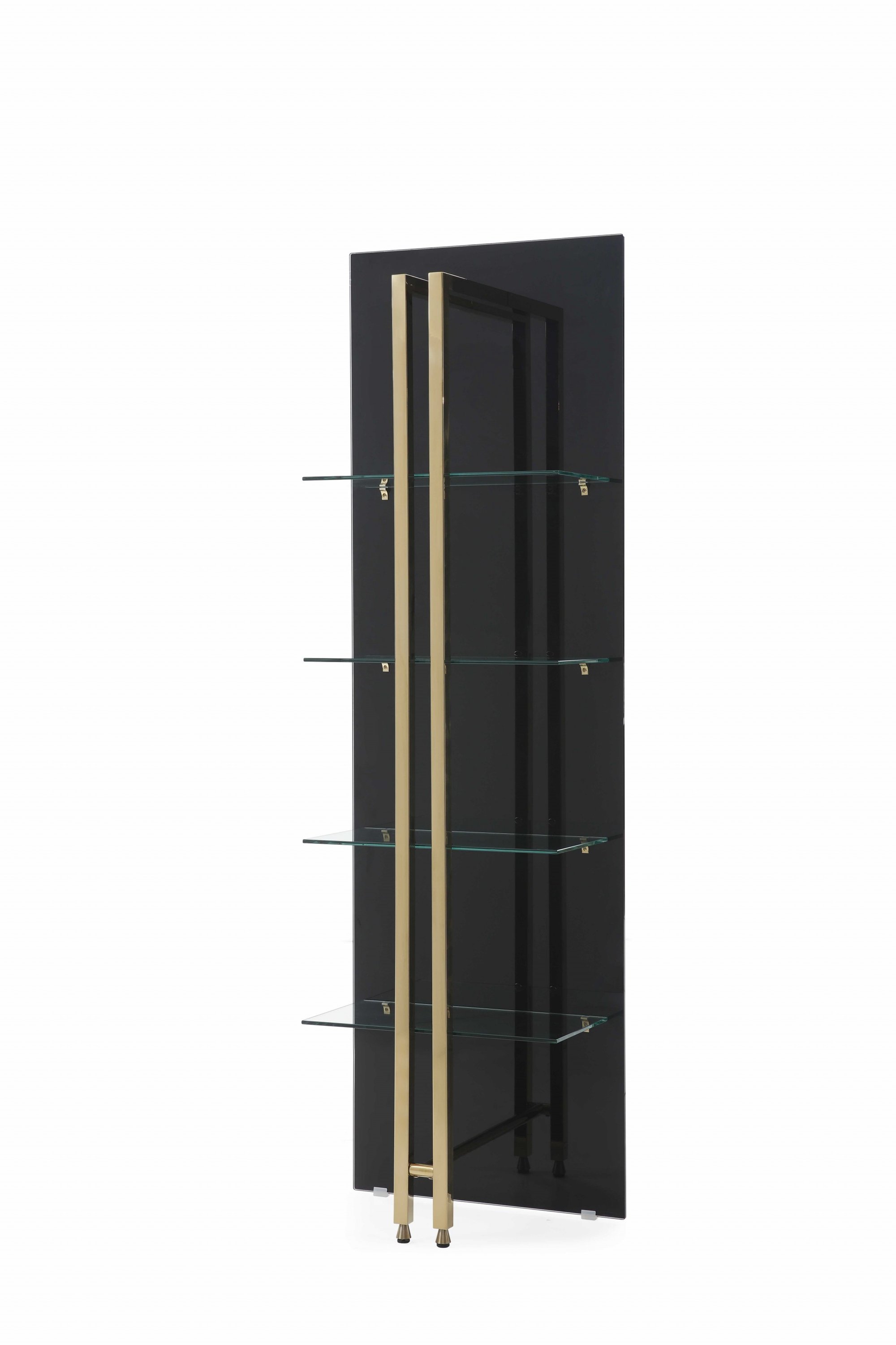 A contemporary 24" X 13" X 77" back glass bookshelf featuring black glass shelves and a metallic gold stainless steel frame.