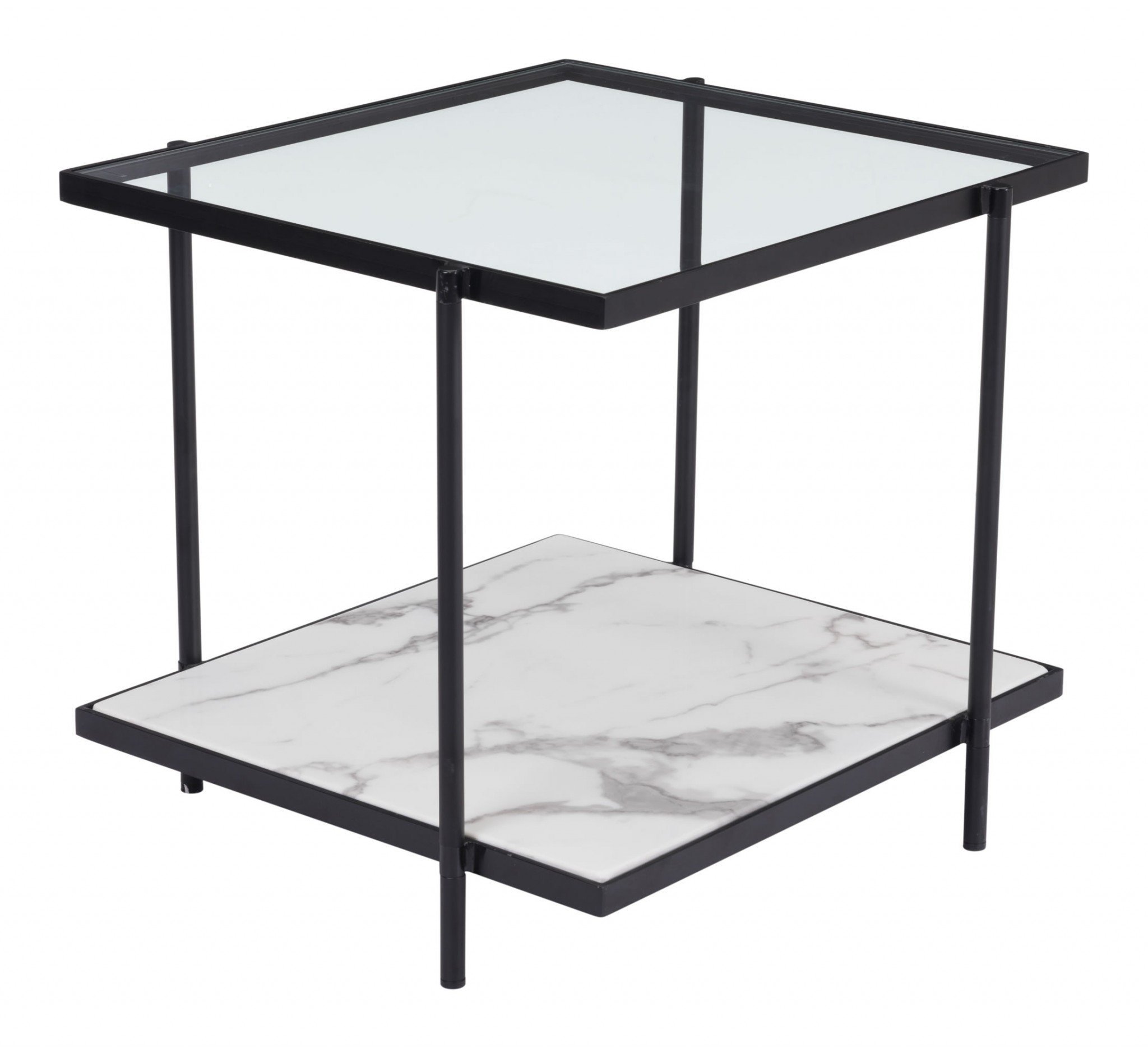 Stylish 24" x 22" end table featuring clear tempered glass top, faux white marble shelf, and matte black steel frame.