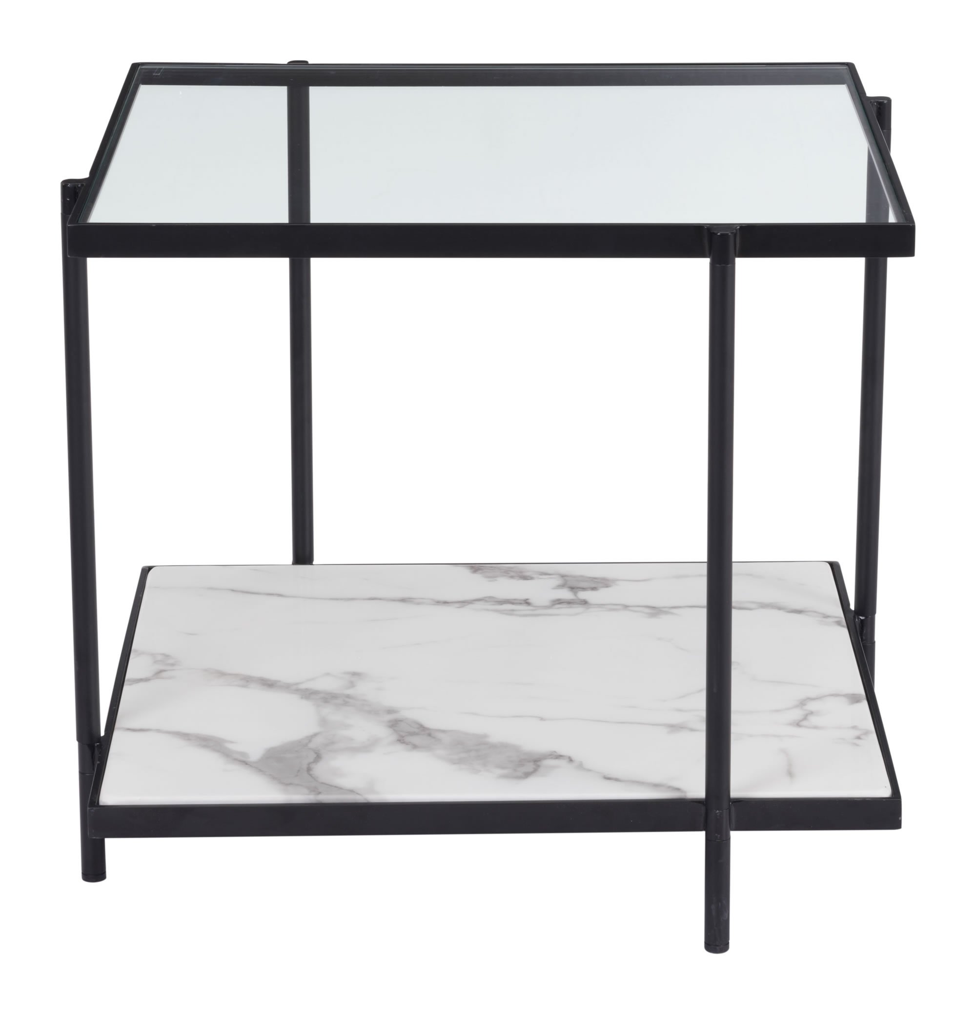 Stylish 24" x 22" end table featuring clear tempered glass top, faux white marble shelf, and matte black steel frame.