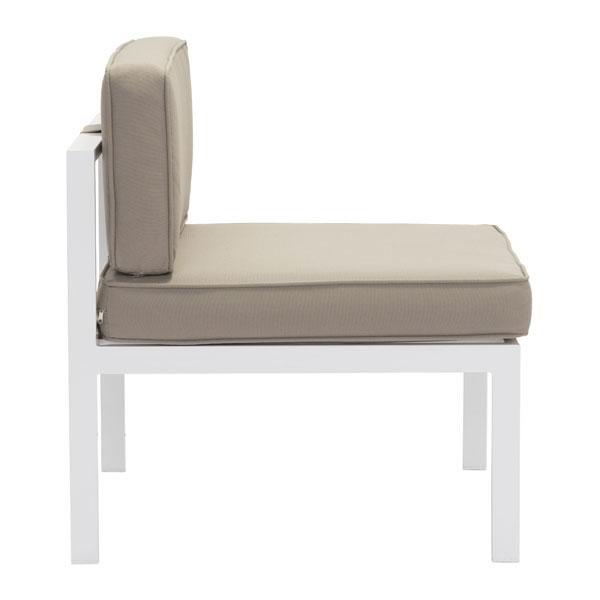 Stylish 24.4" x 26" x 29.5" beach chair in white and taupe with plush cushions and a galvanized aluminum frame, perfect for outdoor use.