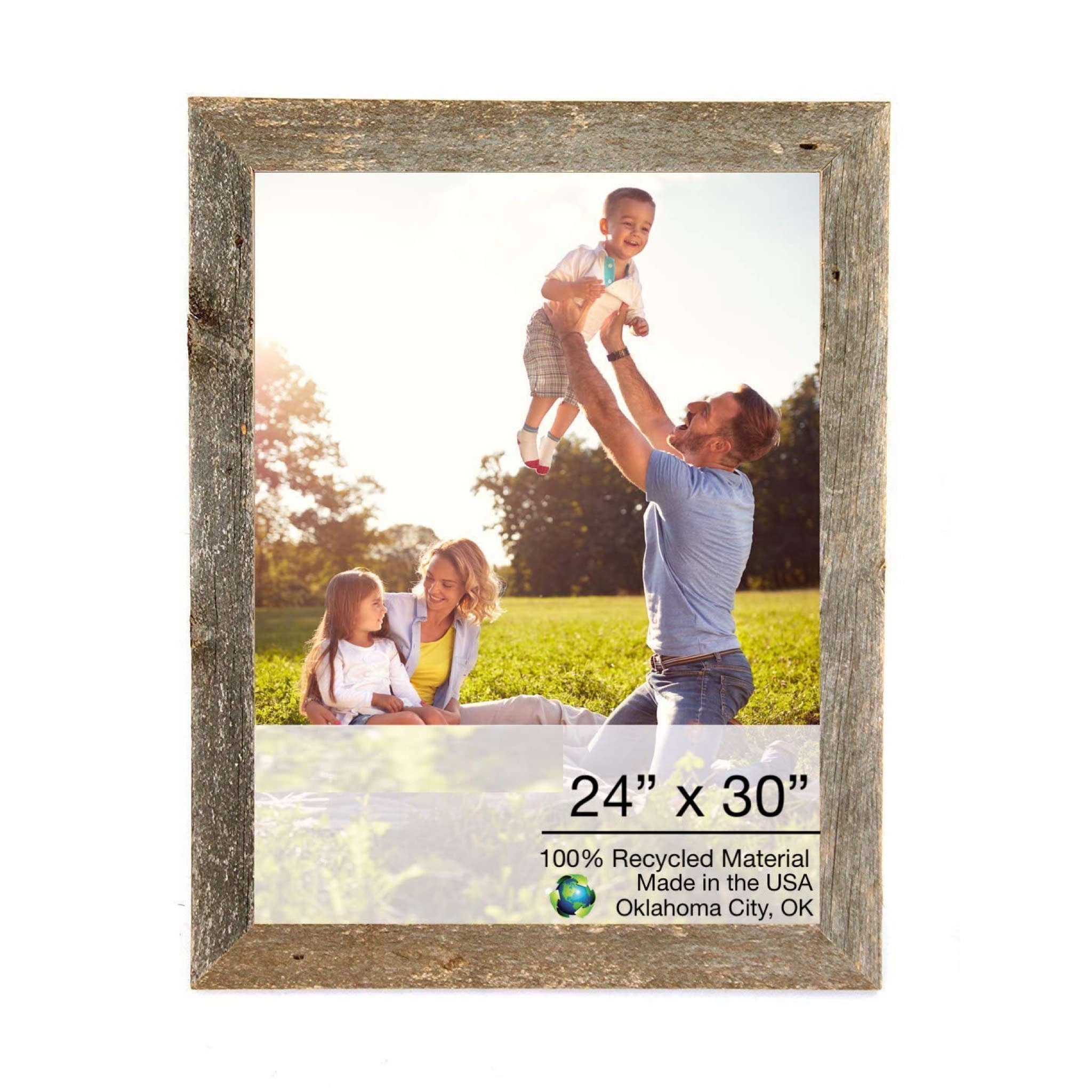 A rustic 24 x 30 natural weathered grey picture frame made from reclaimed wood, featuring a clear plexiglass holder for photo protection.