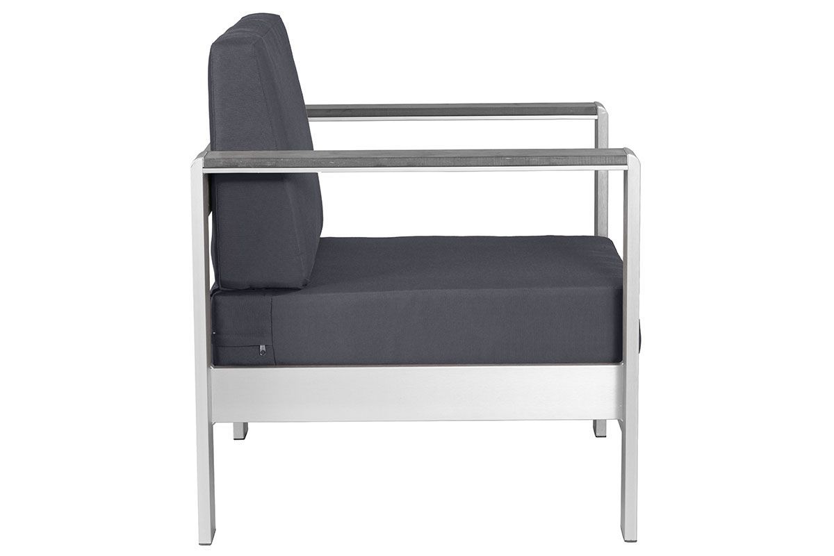 A stylish dark gray cushion arm chair with lush rolling cushions, perfect for modern home decor.