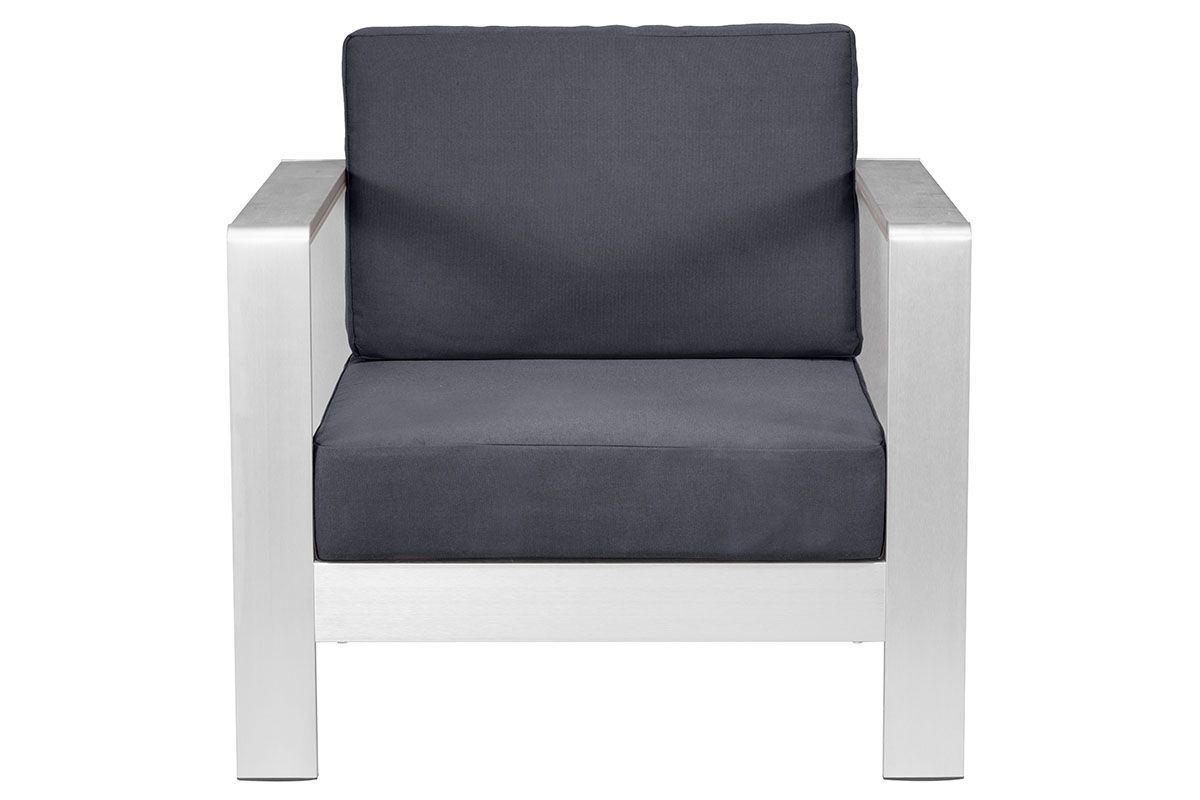 A stylish dark gray cushion arm chair with lush rolling cushions, perfect for modern home decor.