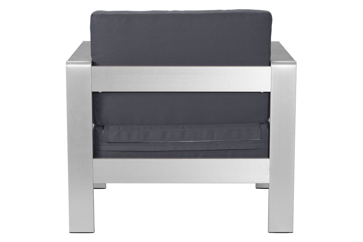 A stylish dark gray cushion arm chair with lush rolling cushions, perfect for modern home decor.