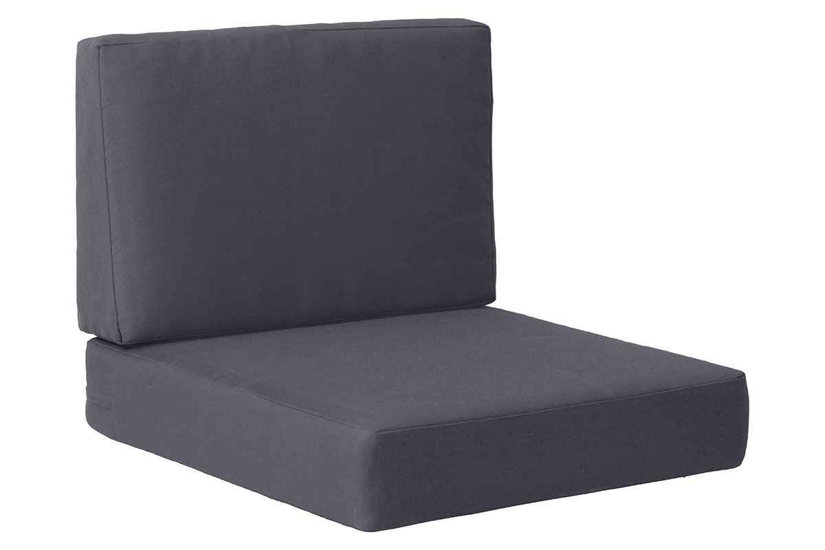 A stylish dark gray cushion arm chair with lush rolling cushions, perfect for modern home decor.