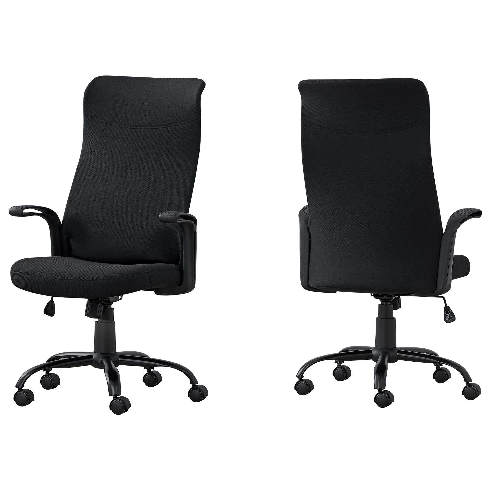 A sleek black fabric multi-position office chair with a high back and 360-degree swivel feature, designed for contemporary office spaces.