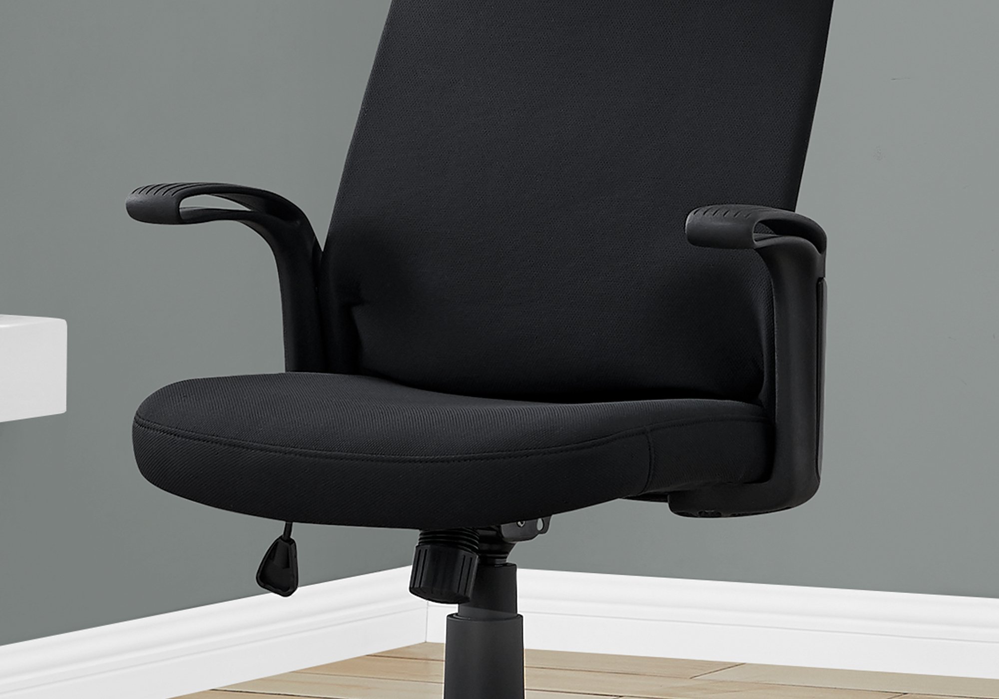 A sleek black fabric multi-position office chair with a high back and 360-degree swivel feature, designed for contemporary office spaces.