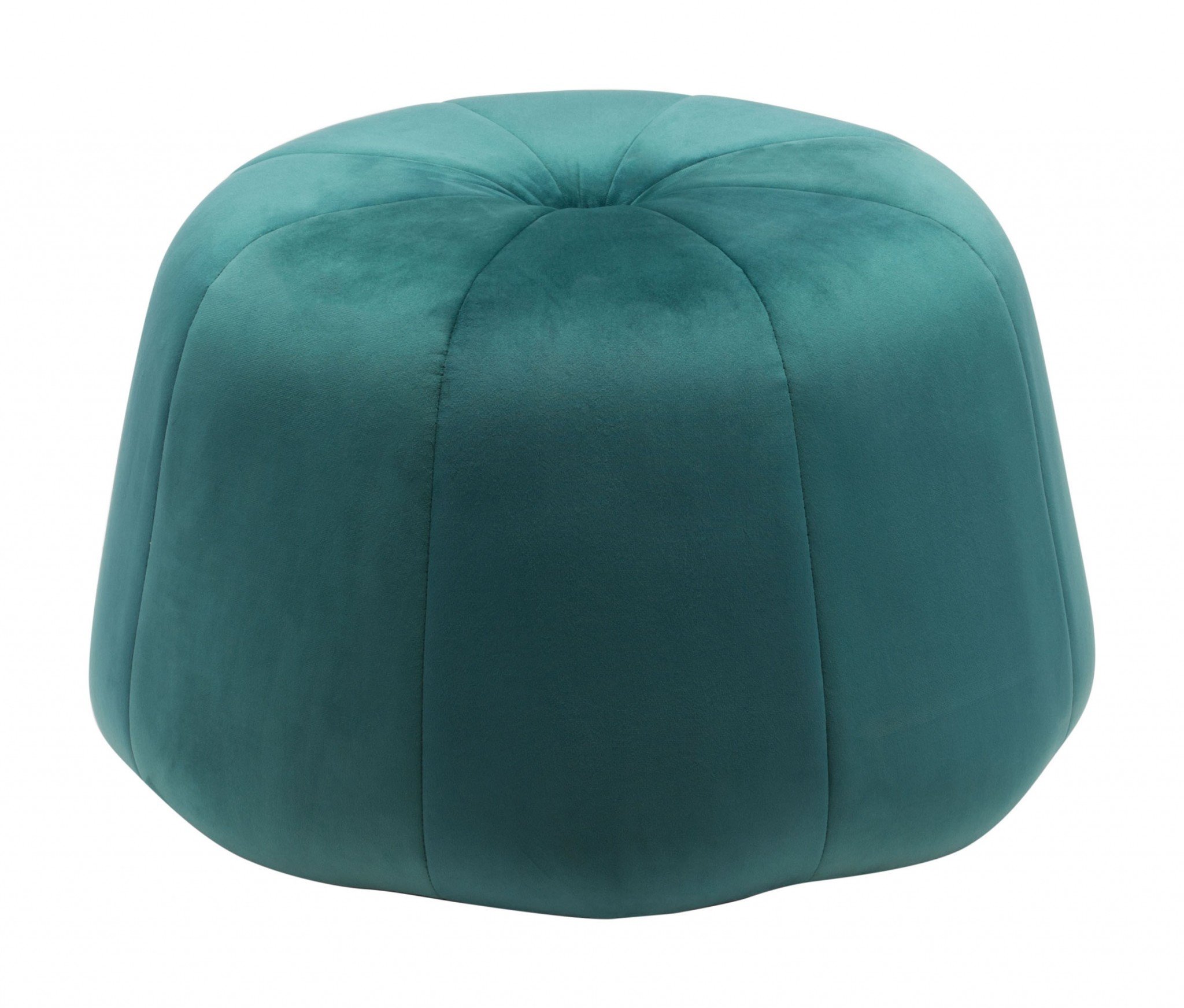 A stylish green velvet ottoman with a tapered design and round base, featuring decorative stitching and deep-set button tufting.