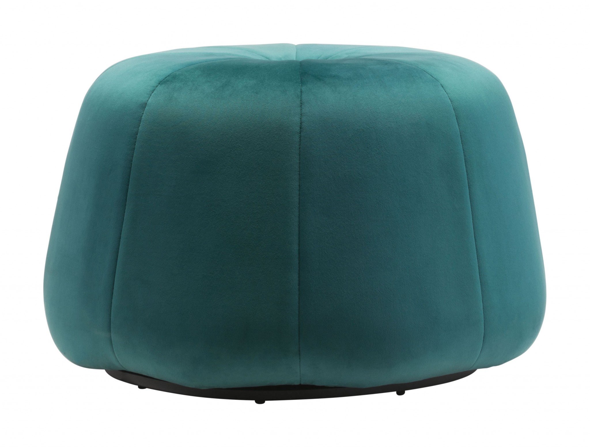 A stylish green velvet ottoman with a tapered design and round base, featuring decorative stitching and deep-set button tufting.