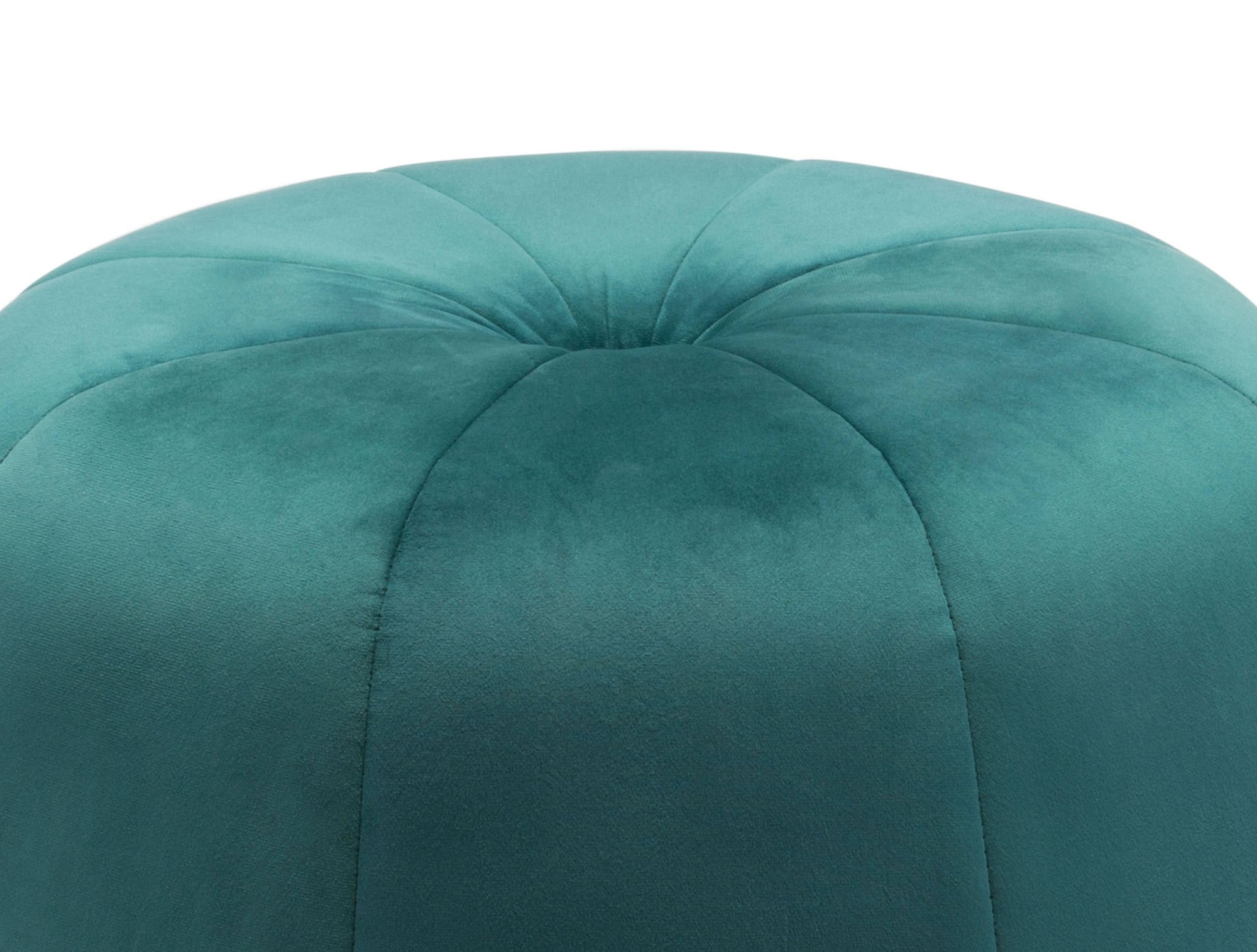 A stylish green velvet ottoman with a tapered design and round base, featuring decorative stitching and deep-set button tufting.