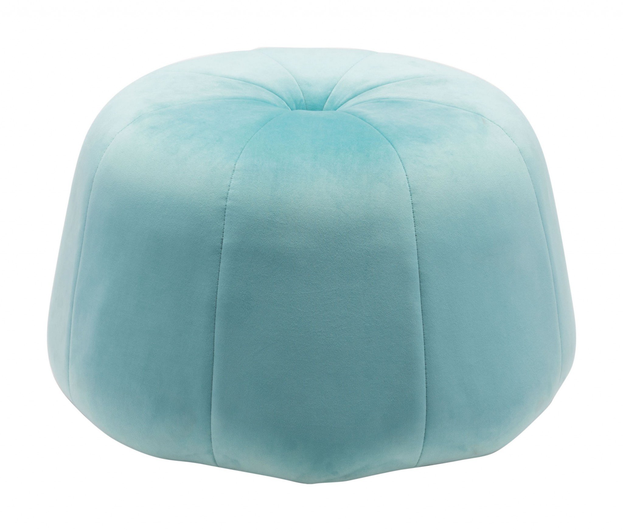 Light blue velvet ottoman with tapered design and round base, featuring decorative stitching and button tufting.