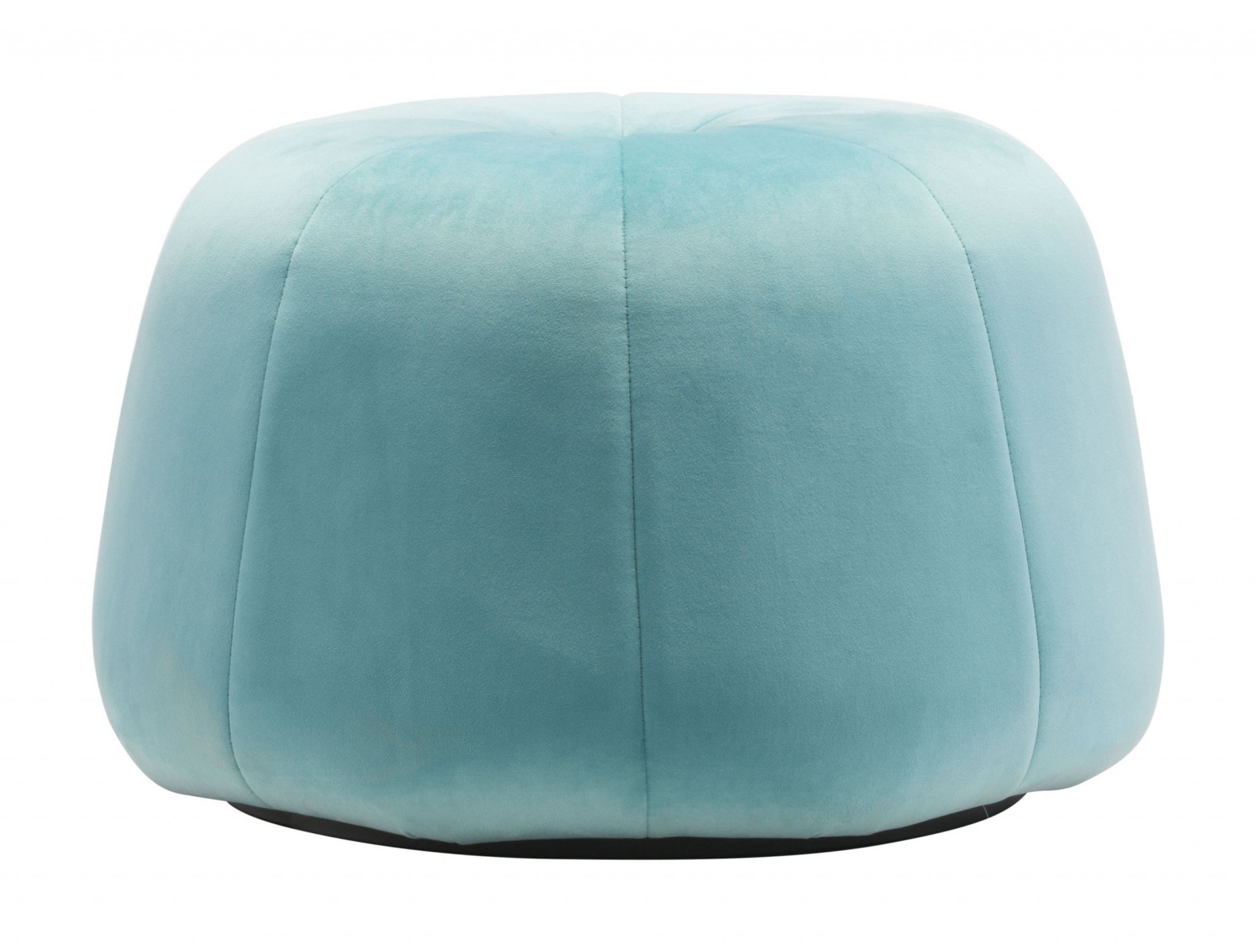 Light blue velvet ottoman with tapered design and round base, featuring decorative stitching and button tufting.