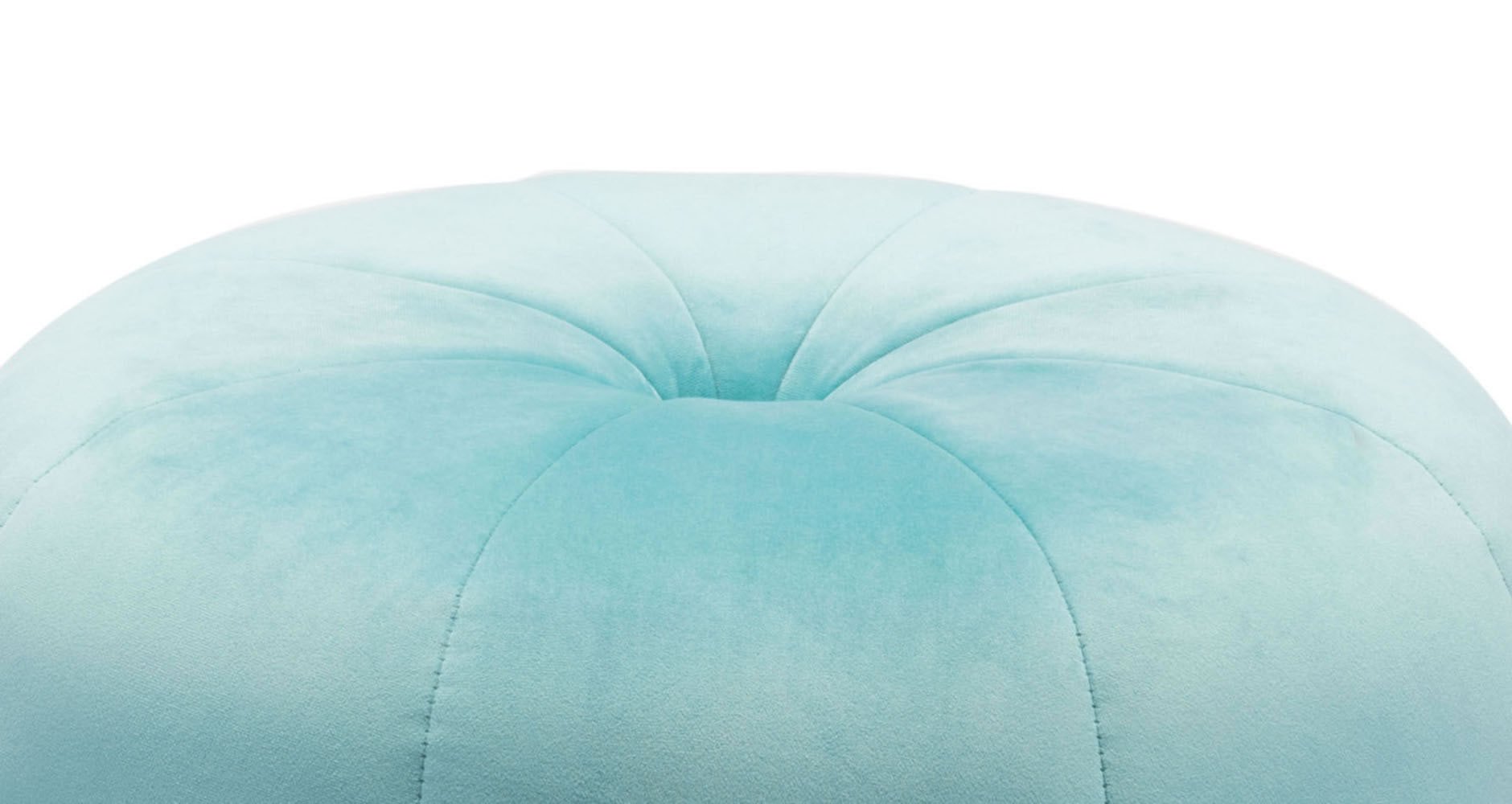 Light blue velvet ottoman with tapered design and round base, featuring decorative stitching and button tufting.