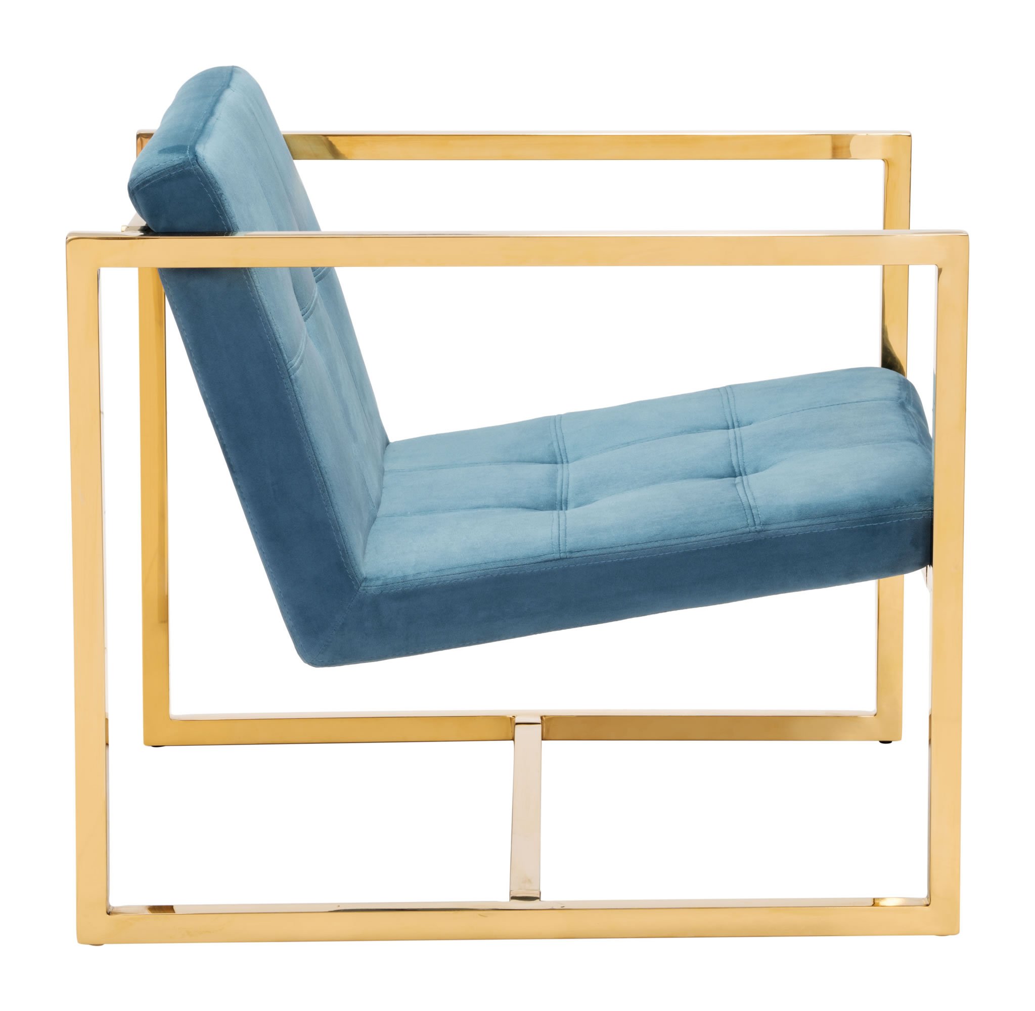 A luxurious blue velvet arm chair with a chromed steel frame, featuring light tufting and a modern design, perfect for any living space.