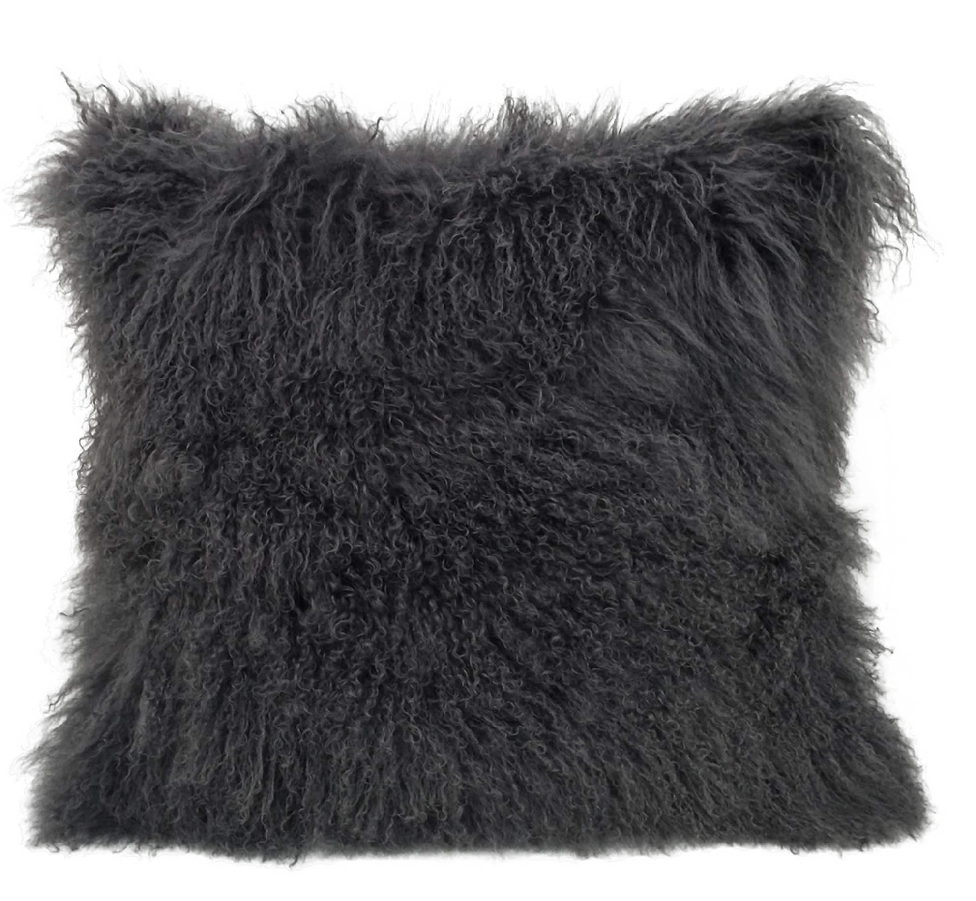 24-inch charcoal genuine Tibetan lamb fur pillow with soft microsuede backing, showcasing luxurious texture and elegant design.