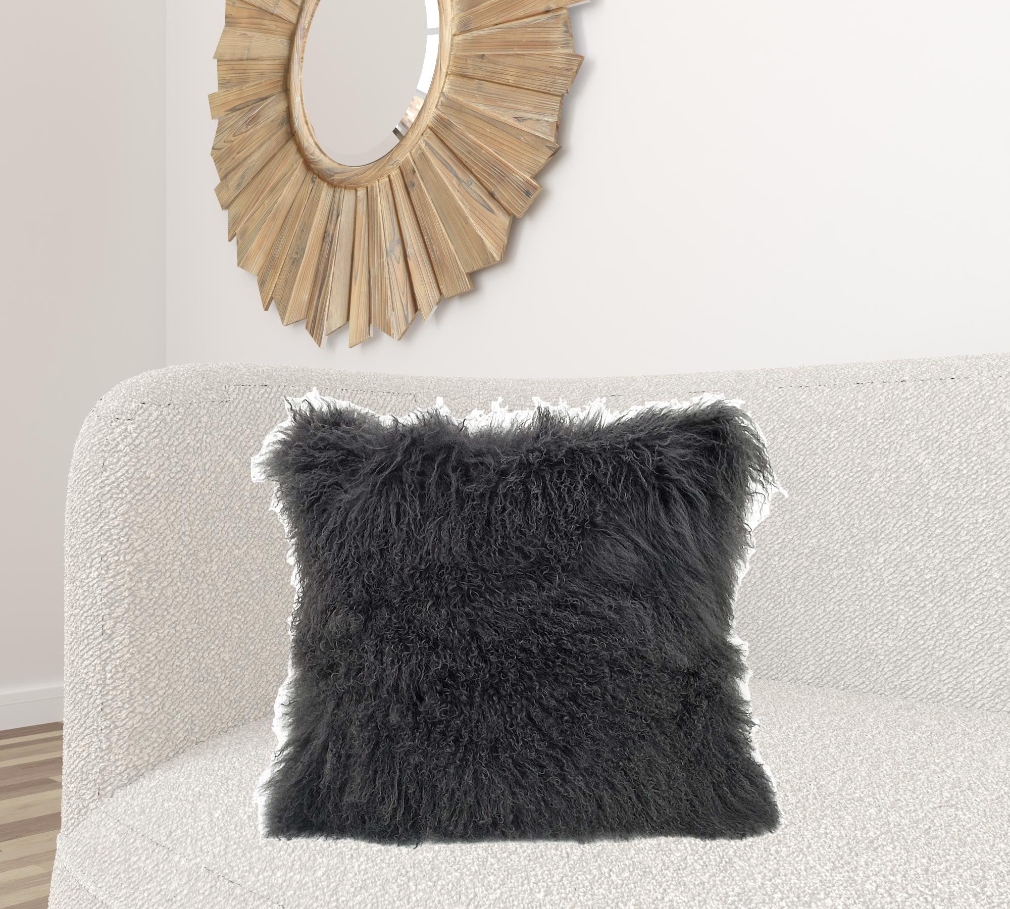 24-inch charcoal genuine Tibetan lamb fur pillow with soft microsuede backing, showcasing luxurious texture and elegant design.