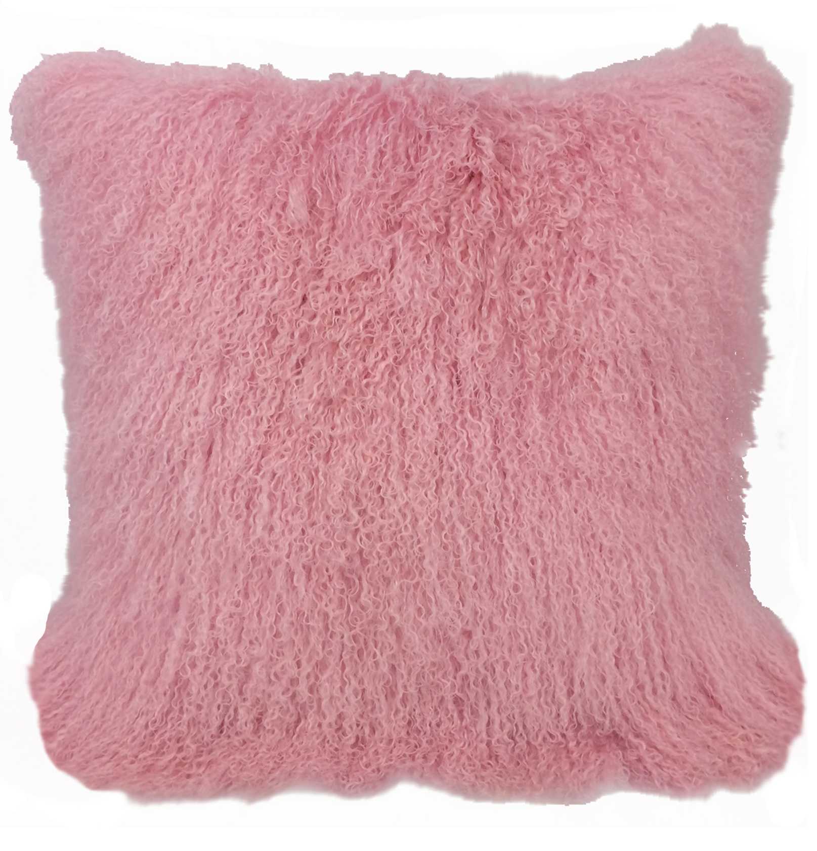 24-inch pink genuine Tibetan lamb fur pillow with soft microsuede backing, showcasing its luxurious texture and elegant design.