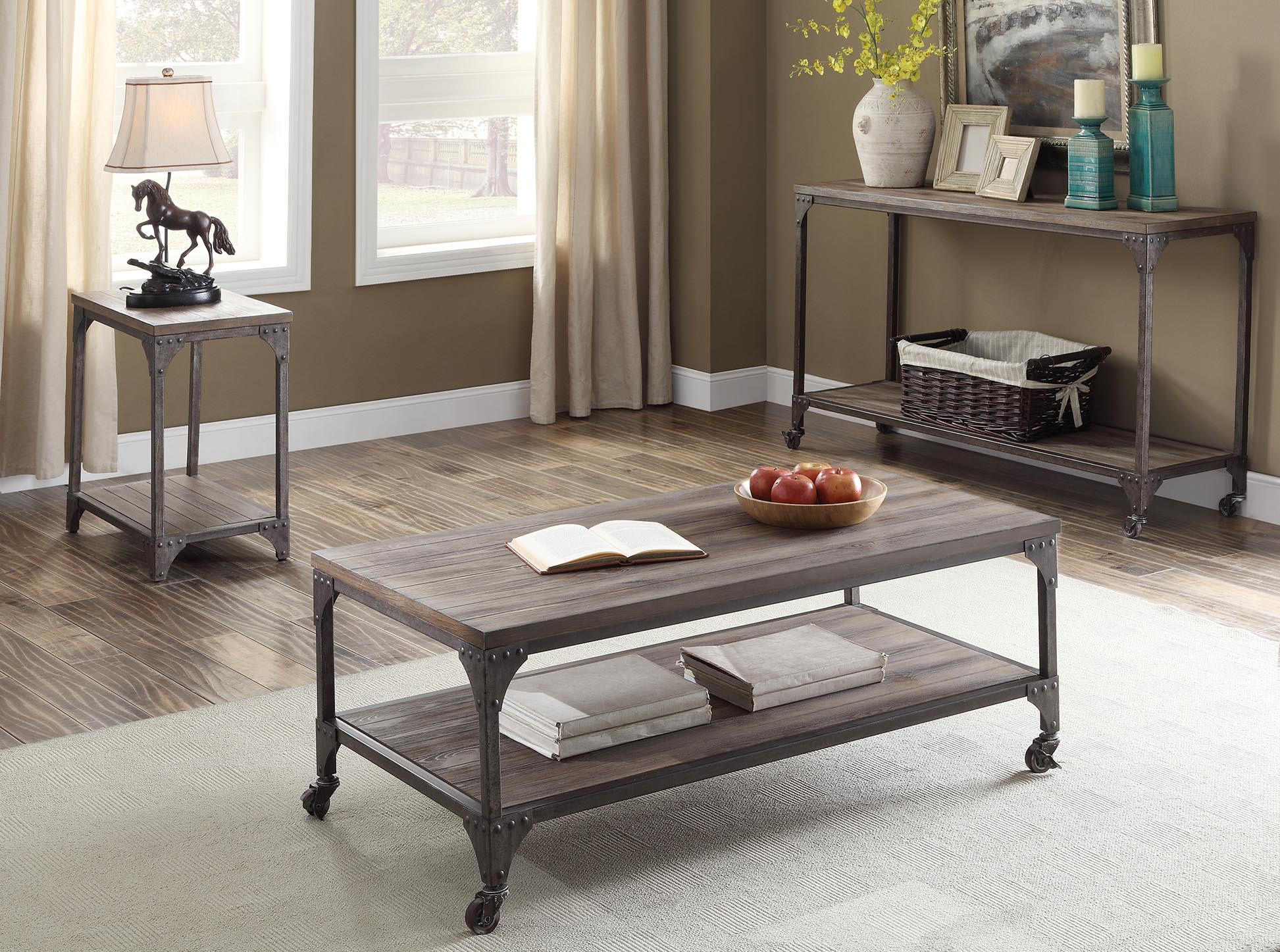 A stylish 24x14x25 inches end table featuring a weathered oak top and antique silver metal legs, perfect for enhancing living room decor.