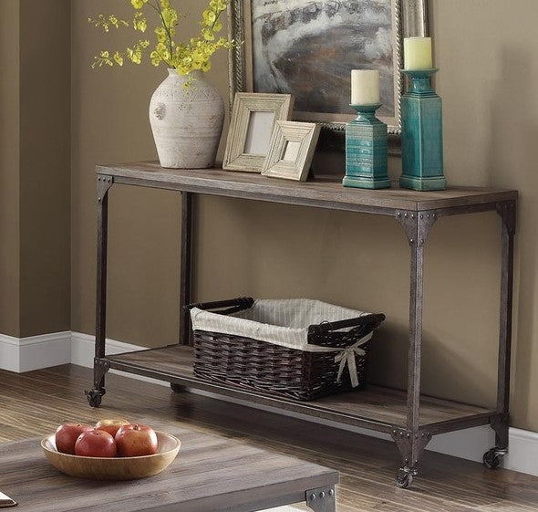 A stylish 24x14x25 inches end table featuring a weathered oak top and antique silver metal legs, perfect for enhancing living room decor.