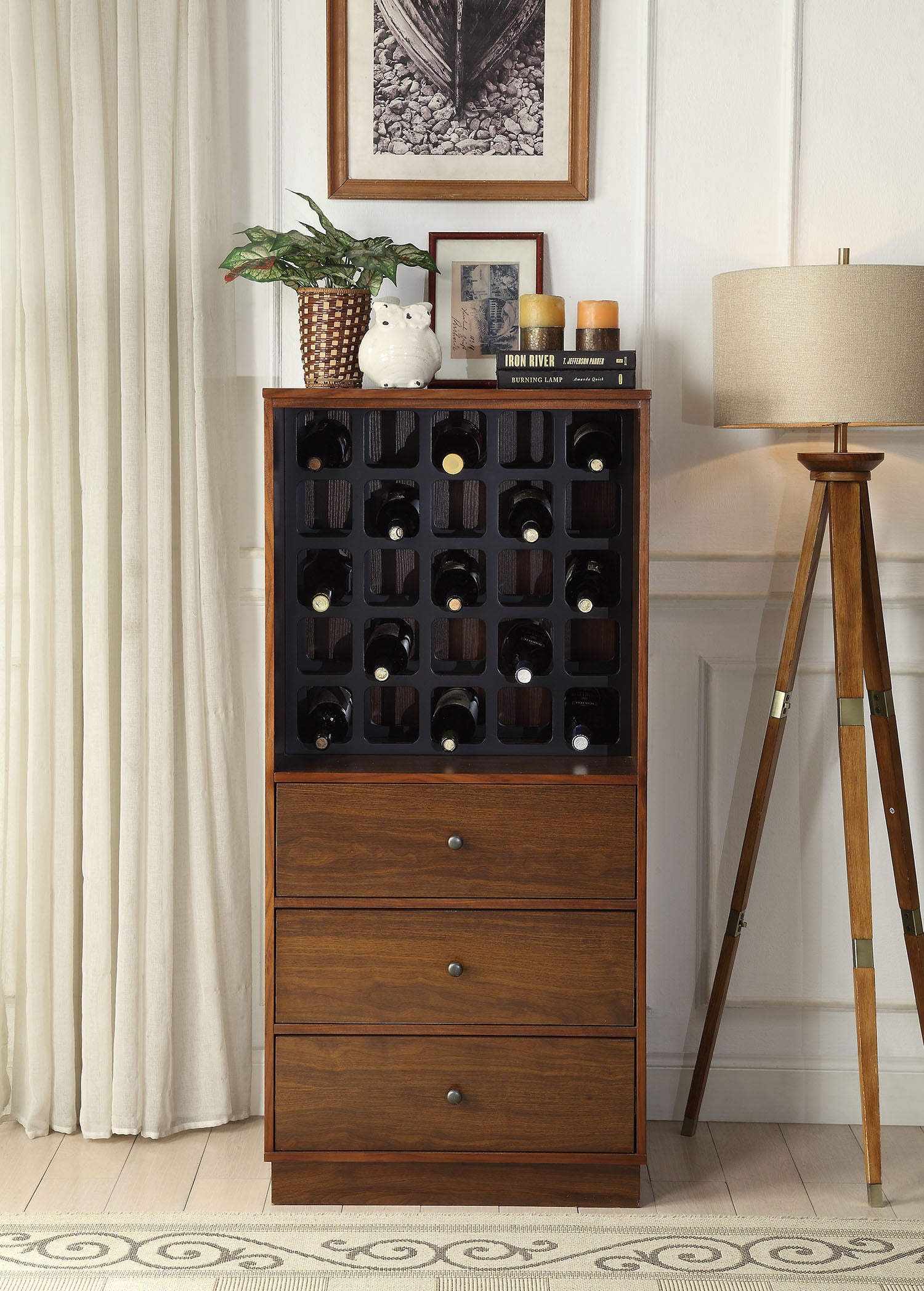 Elegant 24x20x52 inches wine cabinet in walnut MDF, showcasing its spacious design and rich finish.