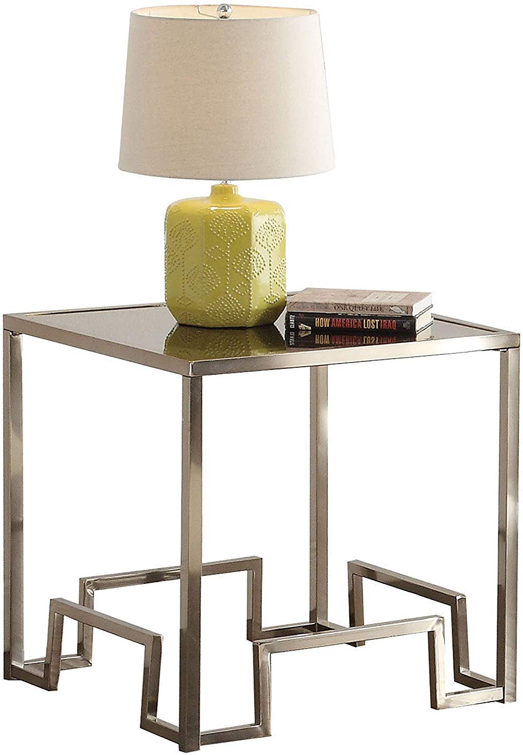 A luxurious 24x24x24 inches champagne and clear glass end table featuring a geometric metal base and a clear tempered glass top.